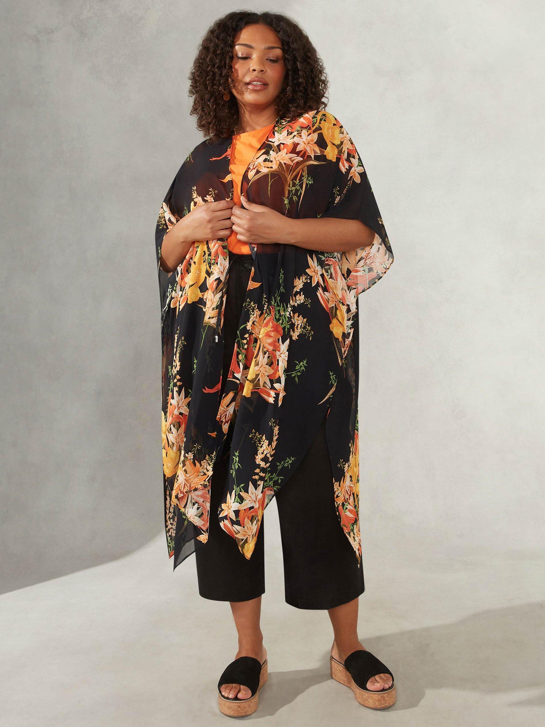 Live Unlimited Curve Tropical Floral Print Kimono Jacket, Black