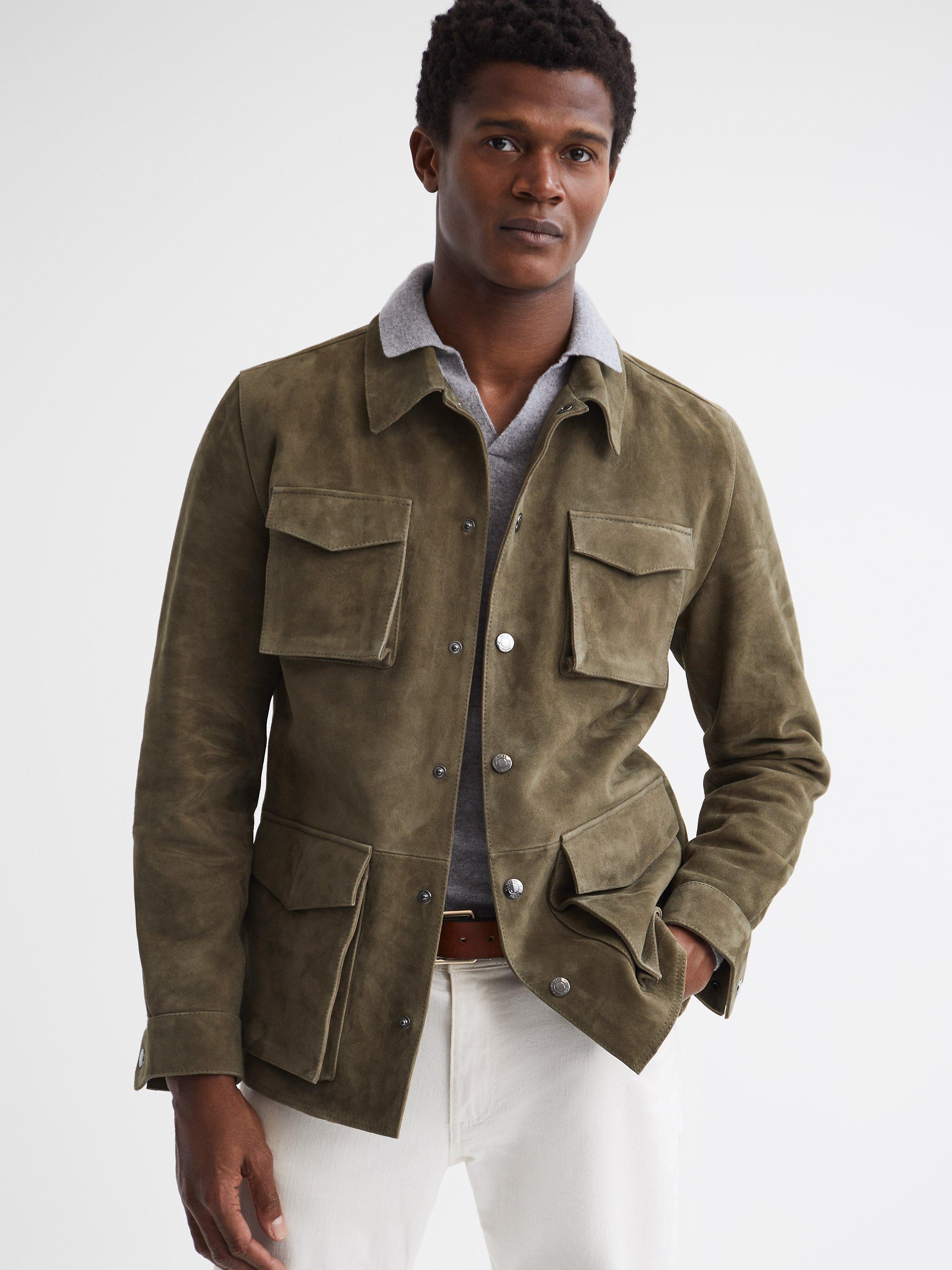 Reiss Mays Long Sleeve Suede Button Jacket, Sage