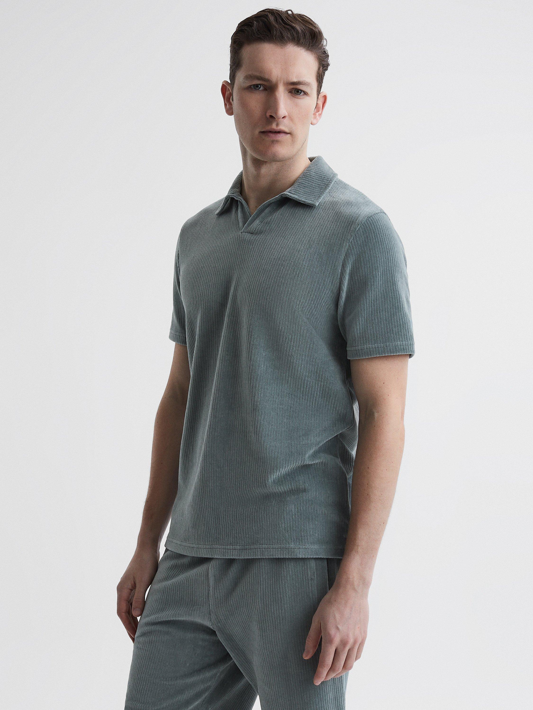 Reiss Harbour Short Sleeve Ribbed Velour Polo Top, Sage