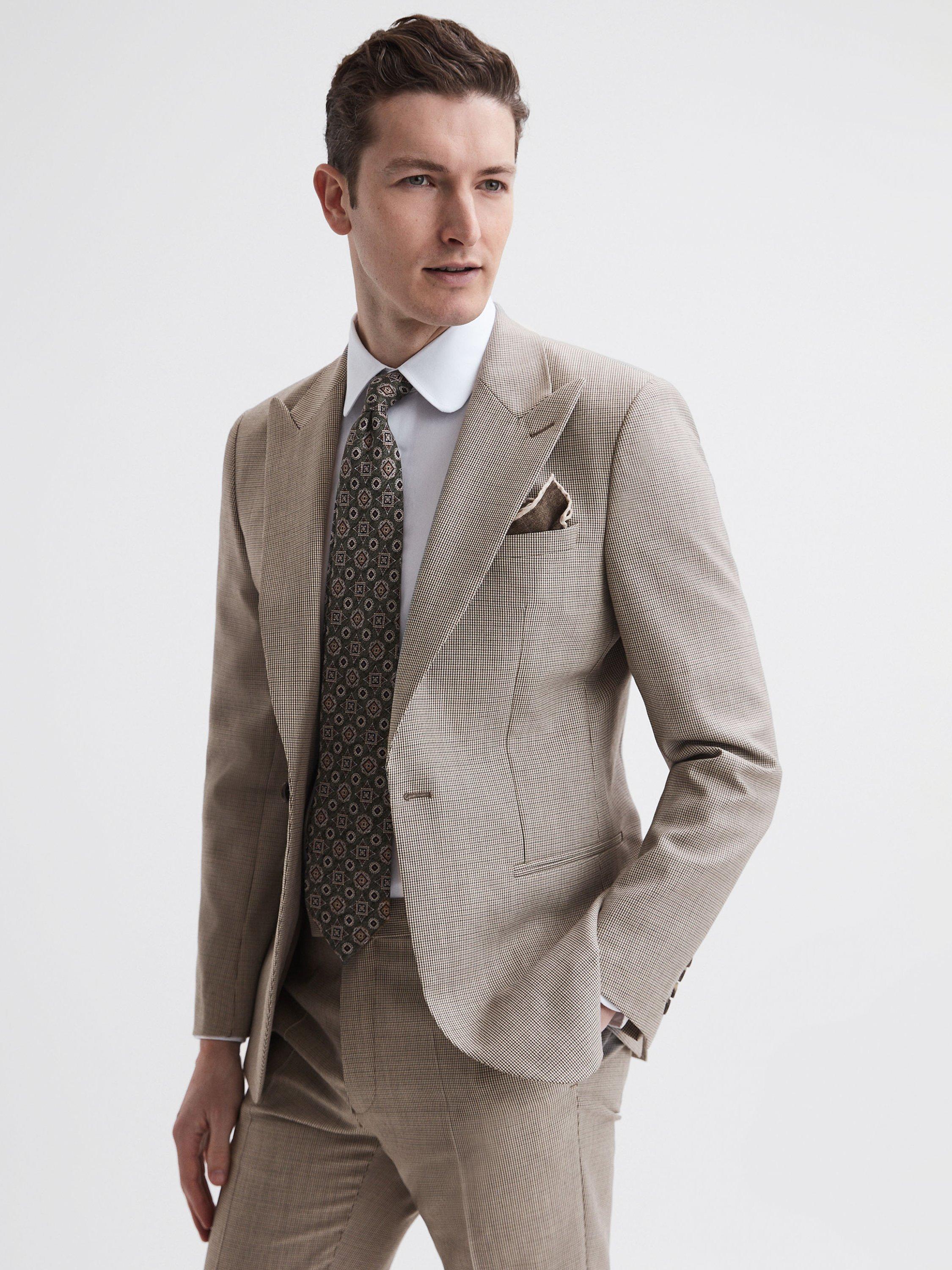 Reiss Pew Slim Fit Wool Single Breasted Puppytooth Blazer, Brown