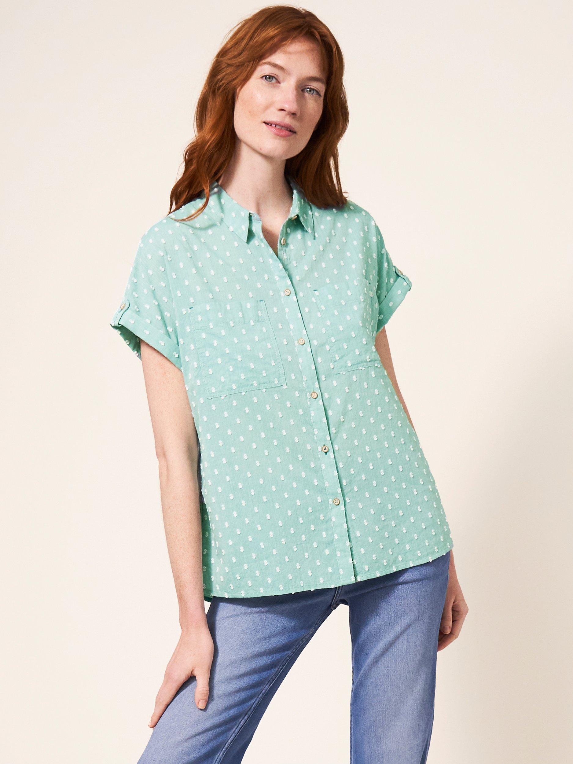 White Stuff Swiss Dot Dobby Shirt, Mid Green