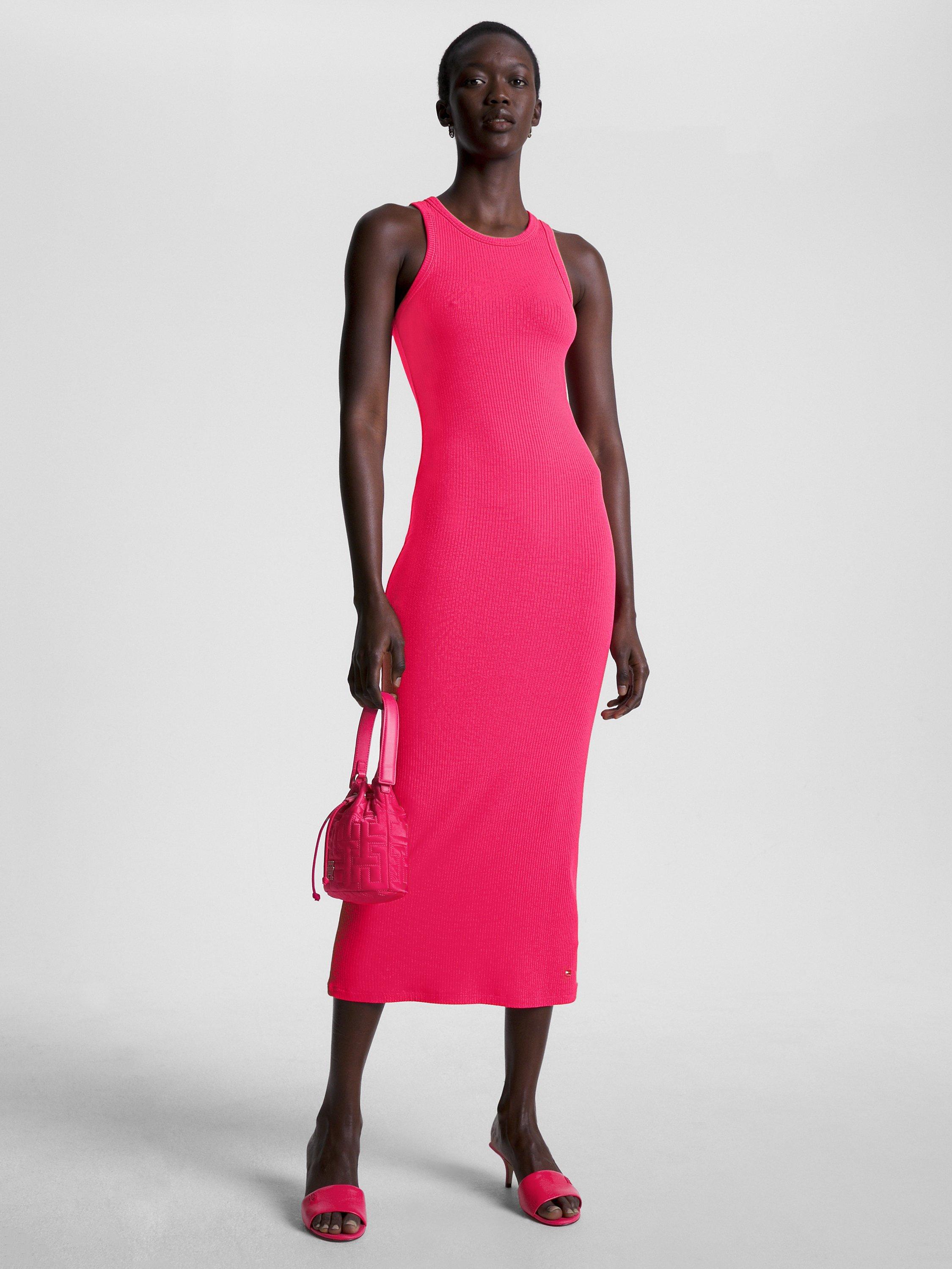 Tommy Hilfiger Slim Rib Midi Dress, Bright Cerise Pink, S