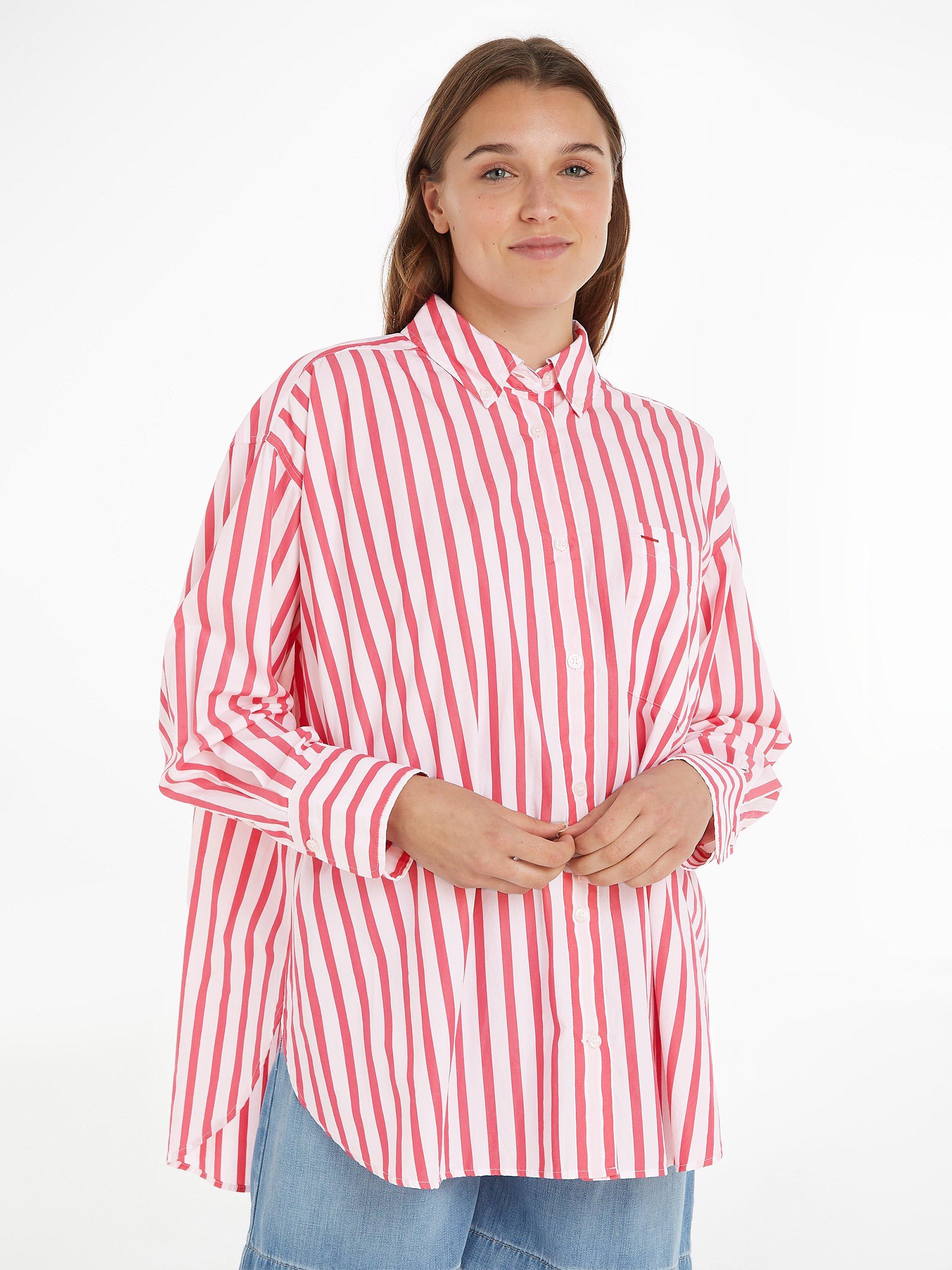 Tommy Hilfiger Oversized Stripe Organic Cotton Shirt, Bright Cerise