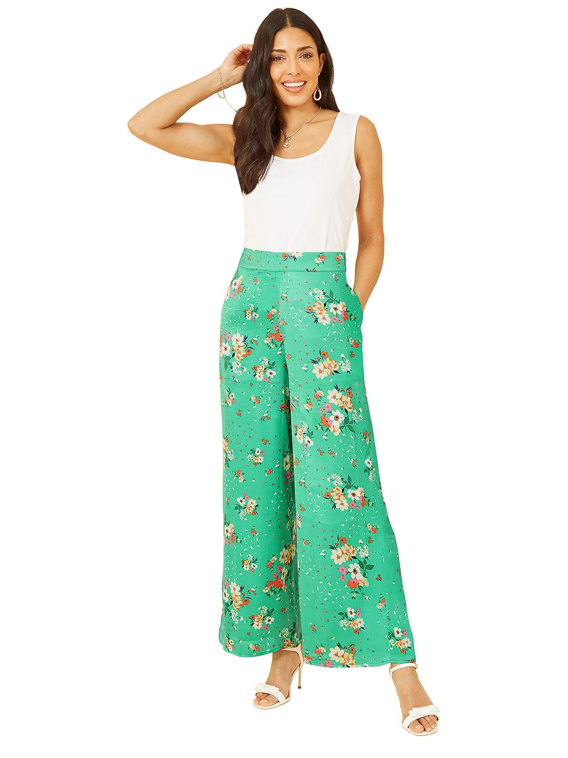 Product image 1 of 4, which shows Yumi Floral Satin Wide Leg Trousers, Green, 8