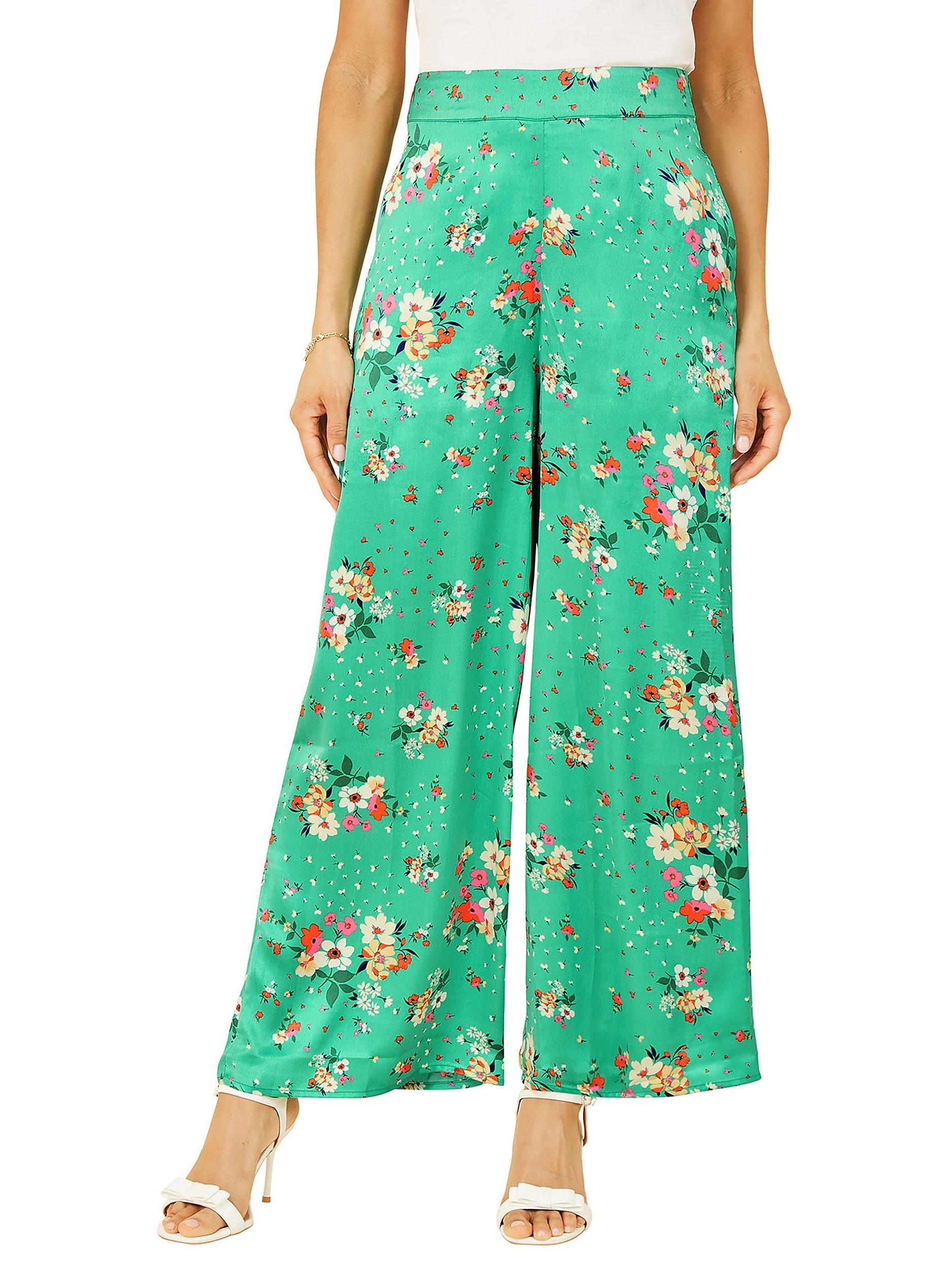 Product image 2 of 4, which shows Yumi Floral Satin Wide Leg Trousers, Green, 8