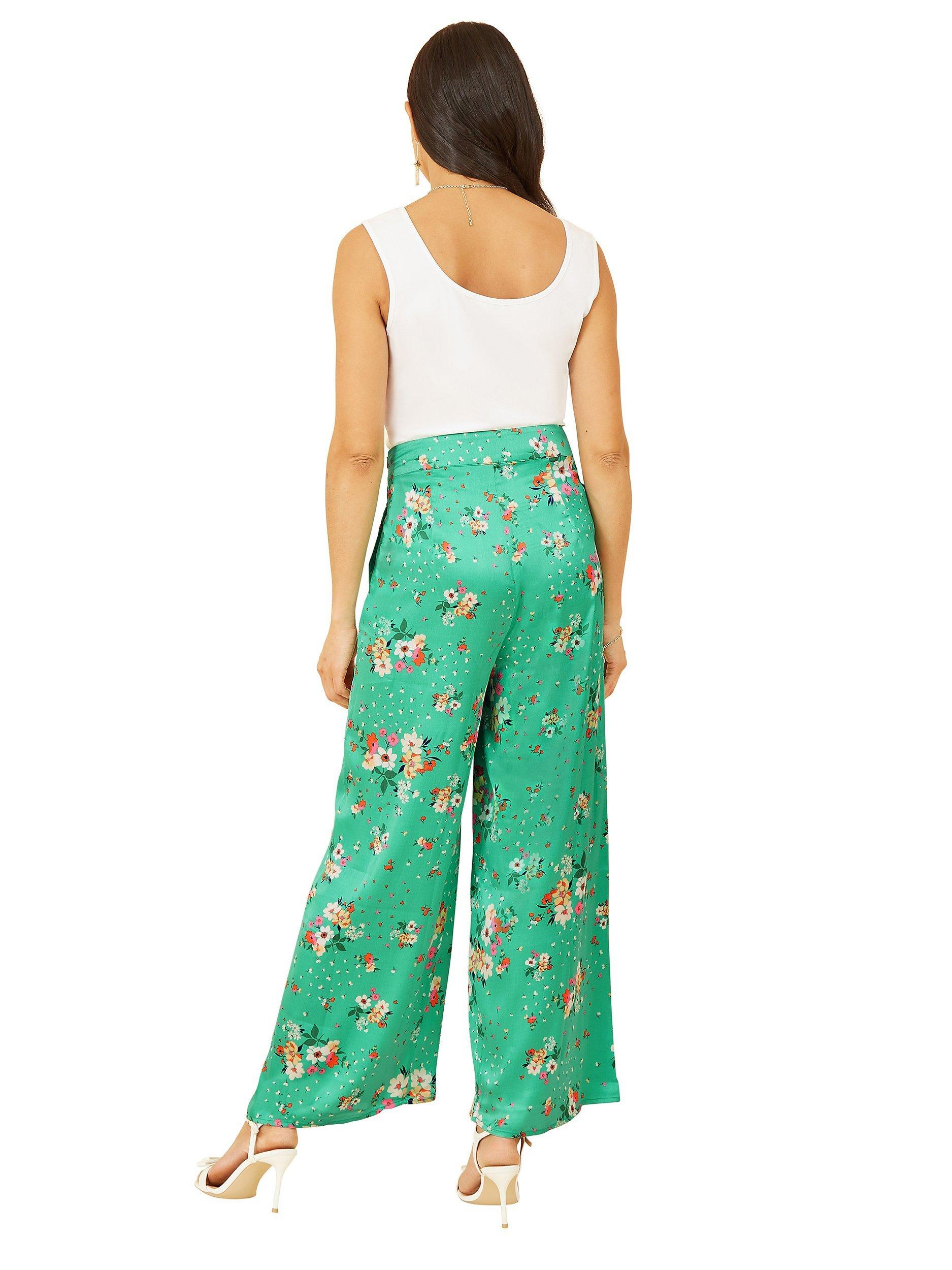 Product image 3 of 4, which shows Yumi Floral Satin Wide Leg Trousers, Green, 8