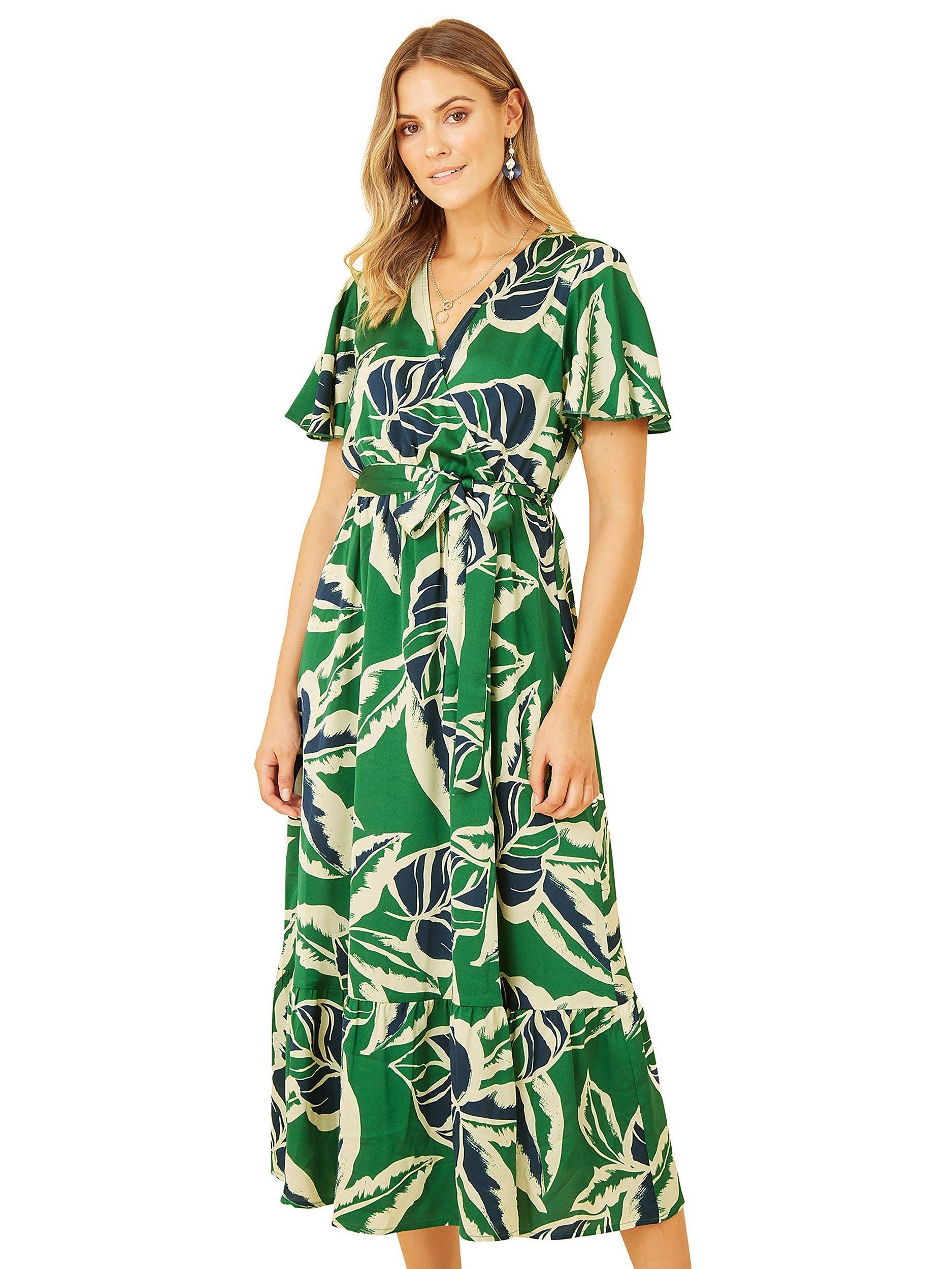 Product image 1 of 5, which shows Yumi Tropical Print Wrap Midi Dress, Green, 12