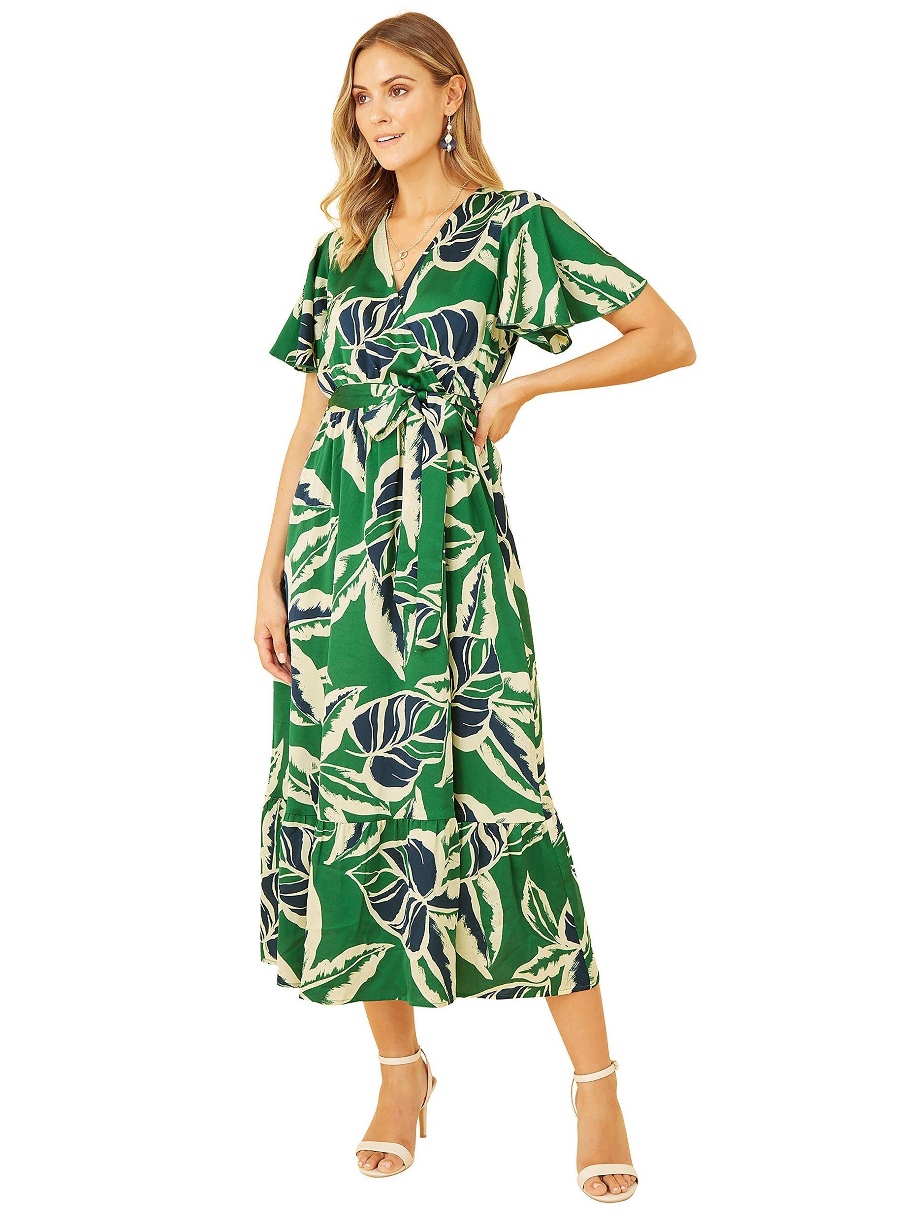 Product image 3 of 5, which shows Yumi Tropical Print Wrap Midi Dress, Green, 12