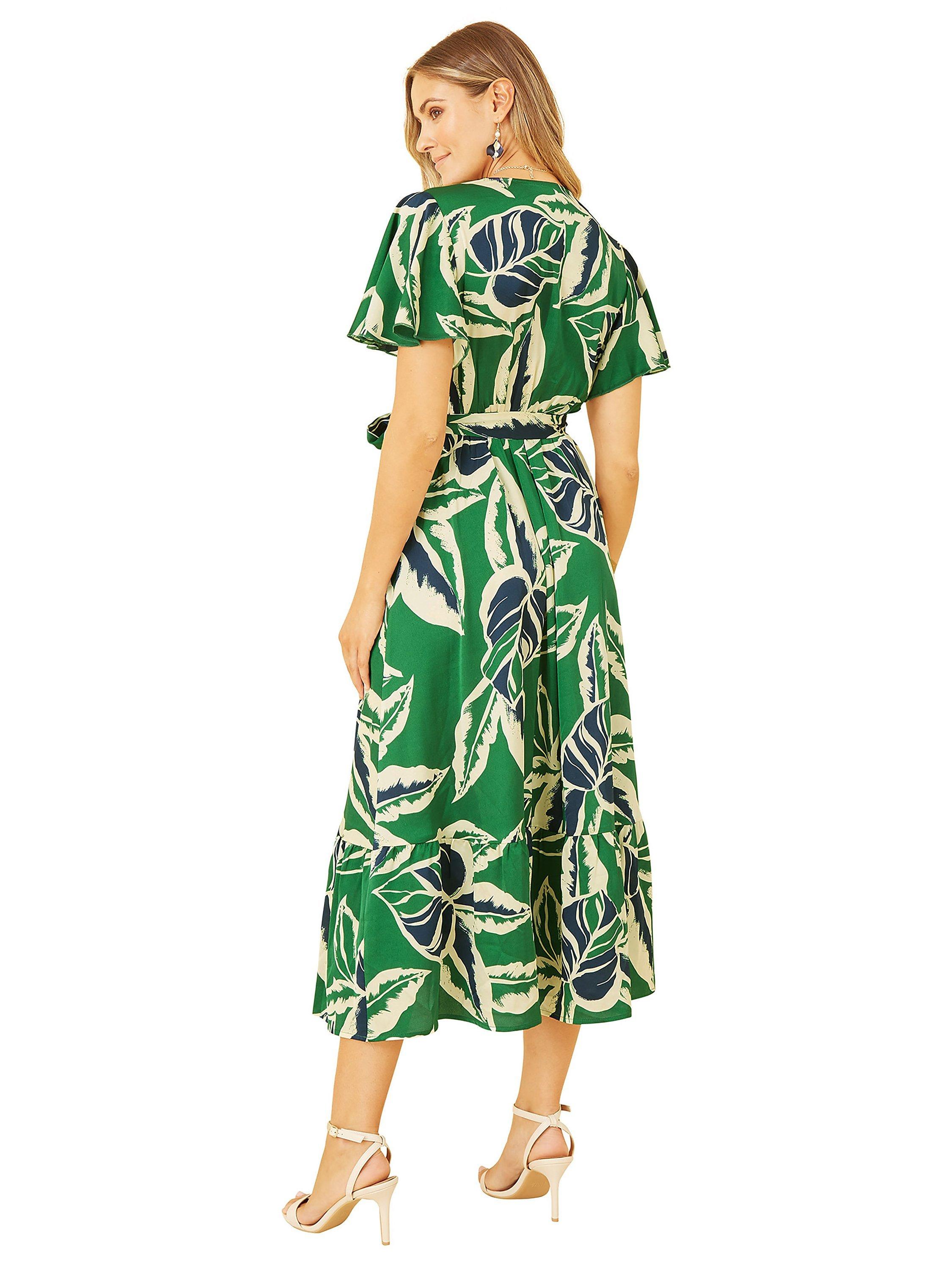 Product image 2 of 5, which shows Yumi Tropical Print Wrap Midi Dress, Green, 12