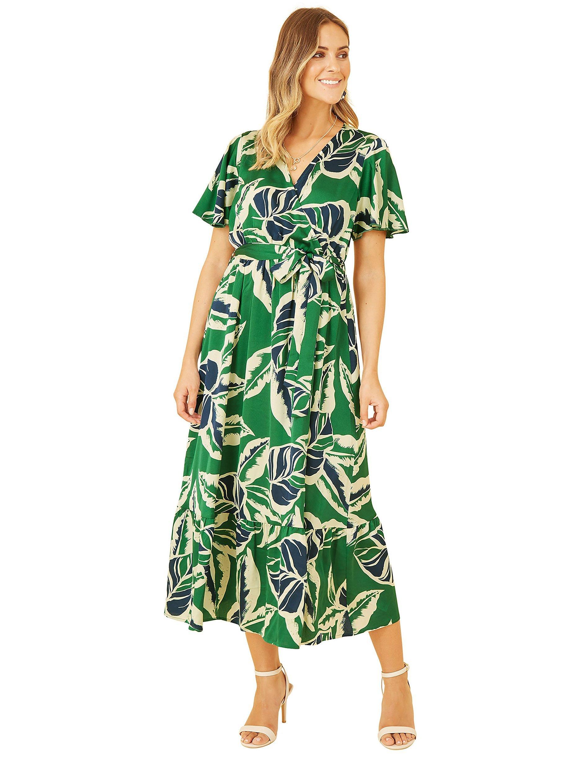 Product image 4 of 5, which shows Yumi Tropical Print Wrap Midi Dress, Green, 12