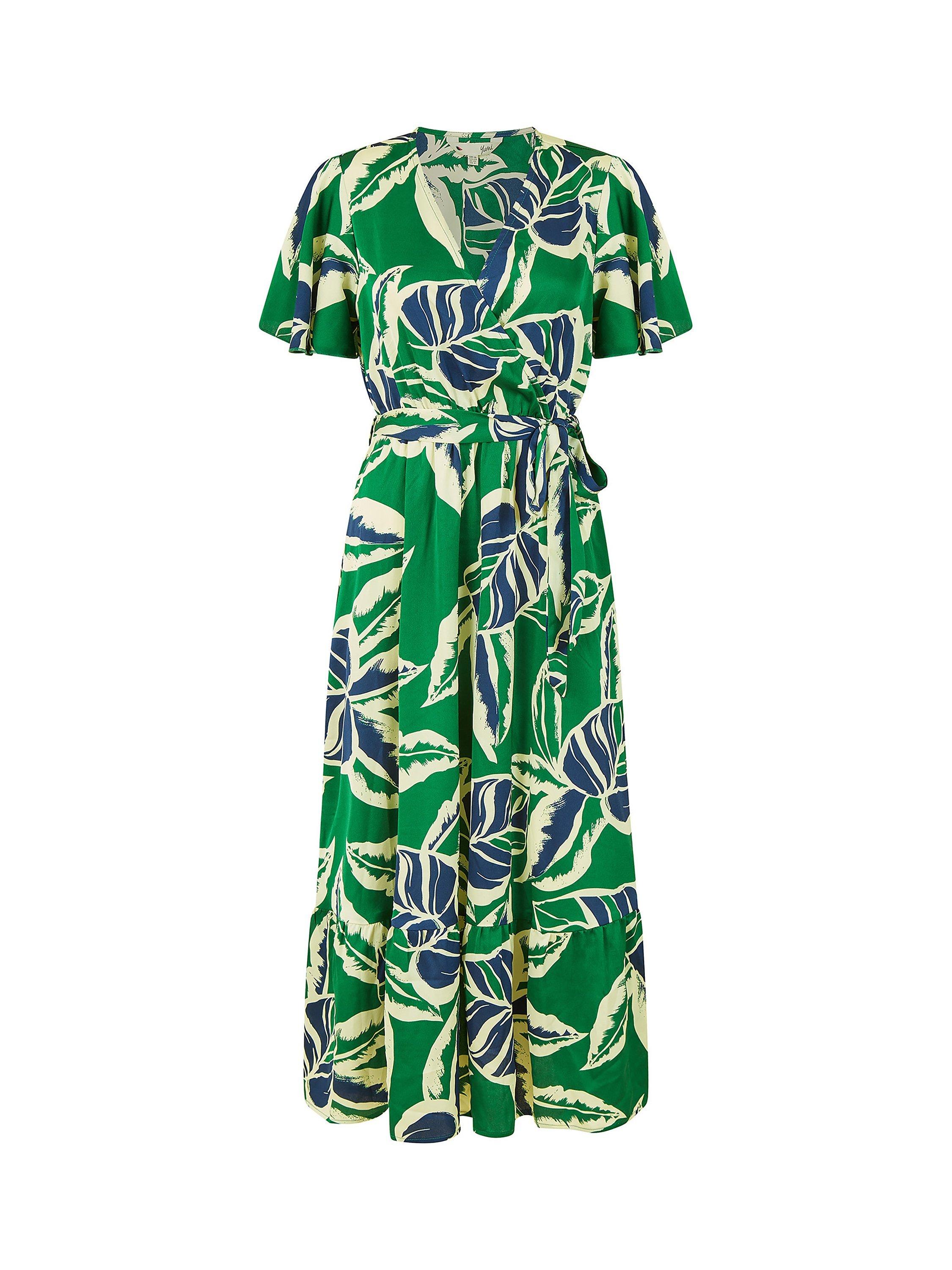 Product image 5 of 5, which shows Yumi Tropical Print Wrap Midi Dress, Green, 12