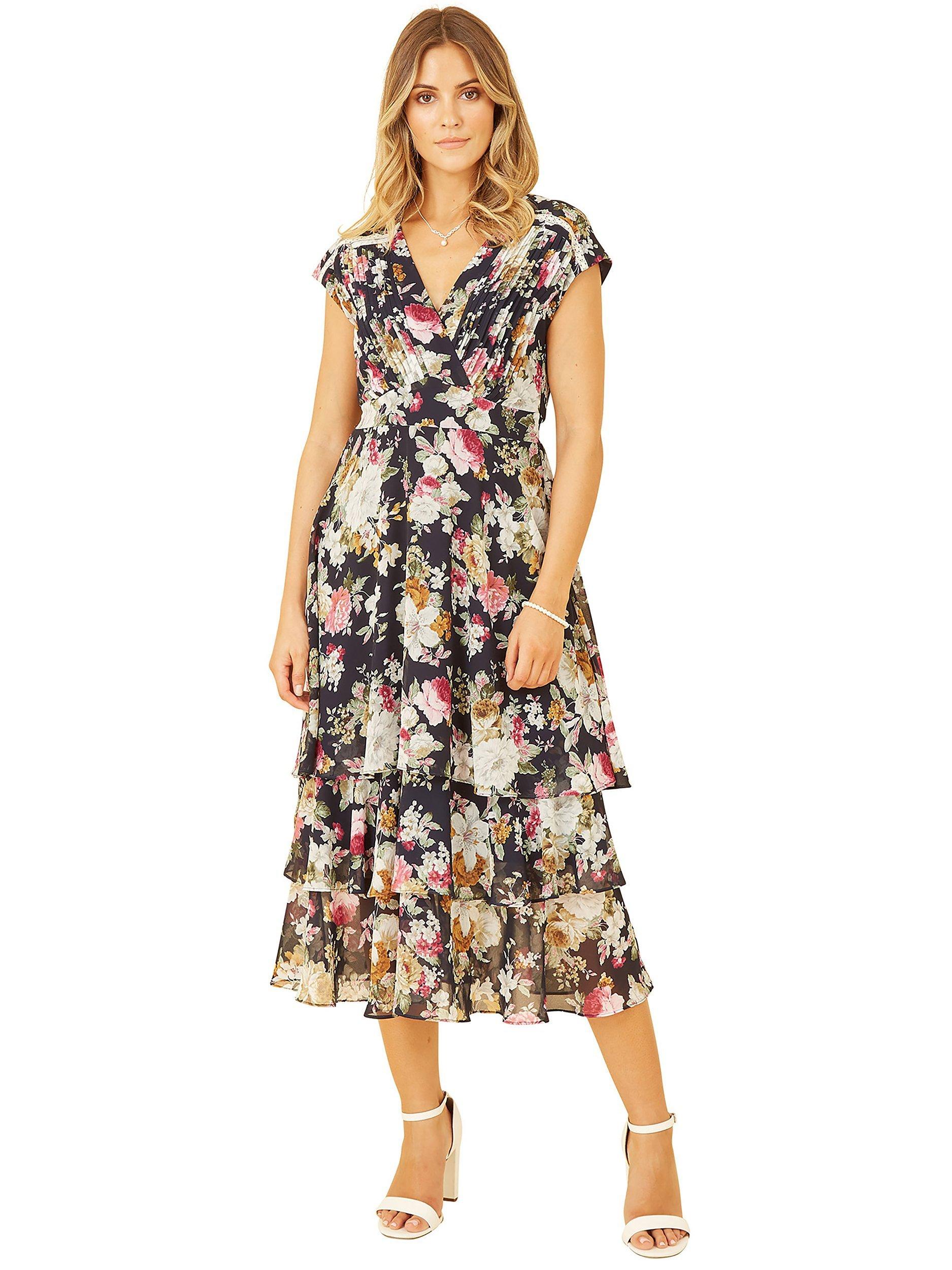 Yumi Floral Tiered Midi Dress, Navy, 14