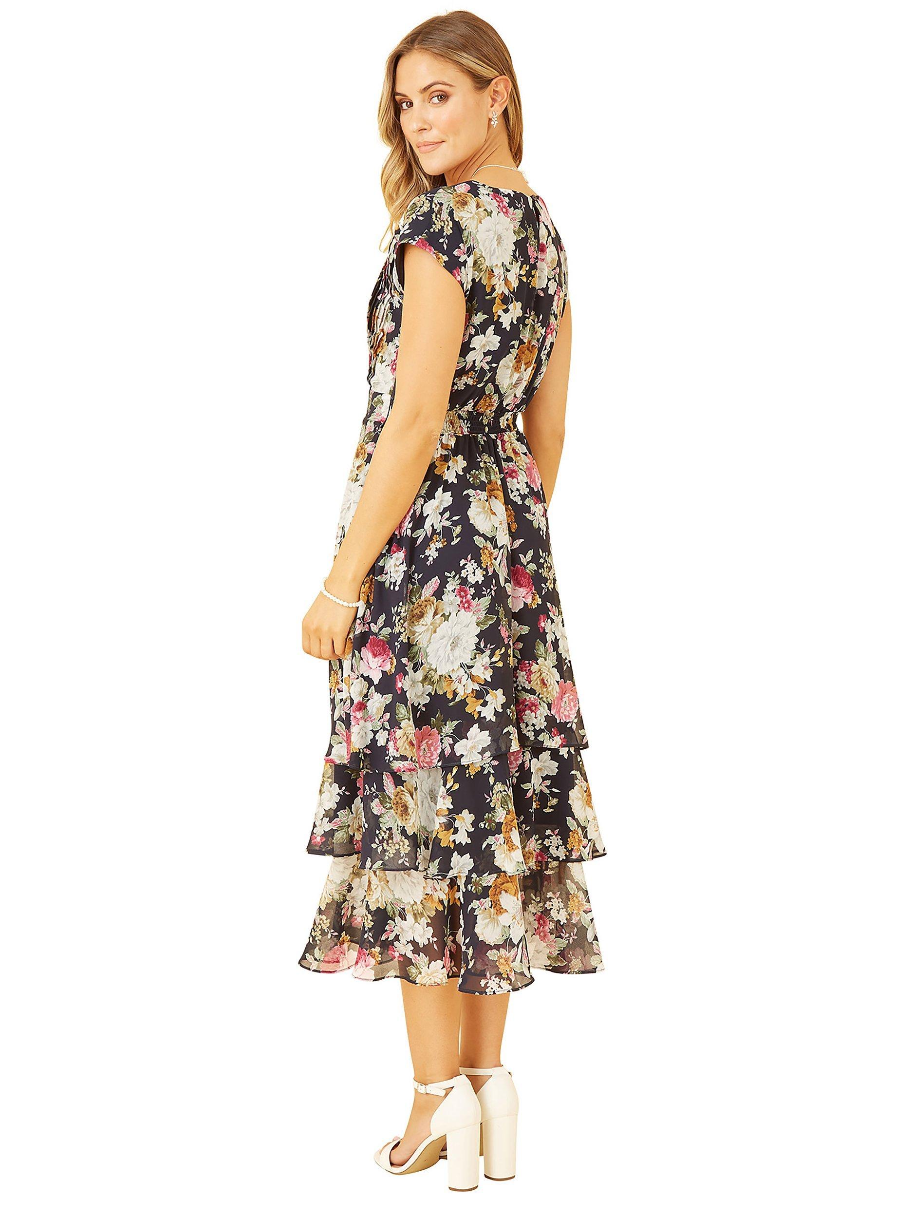 Yumi Floral Tiered Midi Dress, Navy, 14