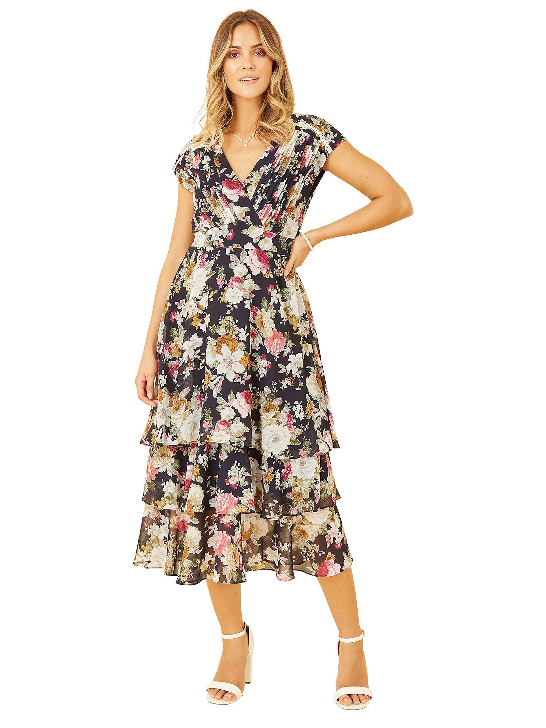 Yumi Floral Tiered Midi Dress, Navy, 14