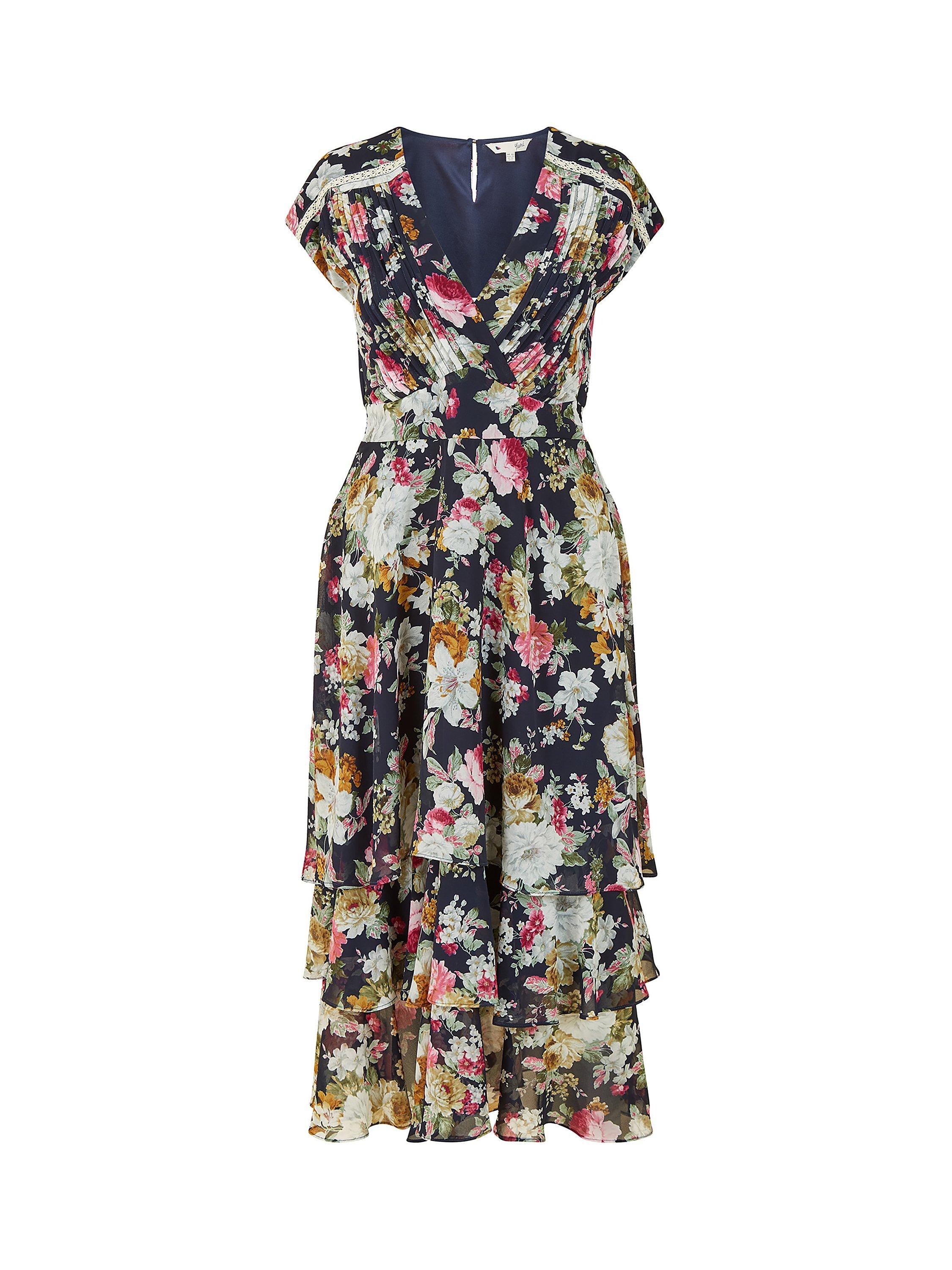 Yumi Floral Tiered Midi Dress, Navy, 14