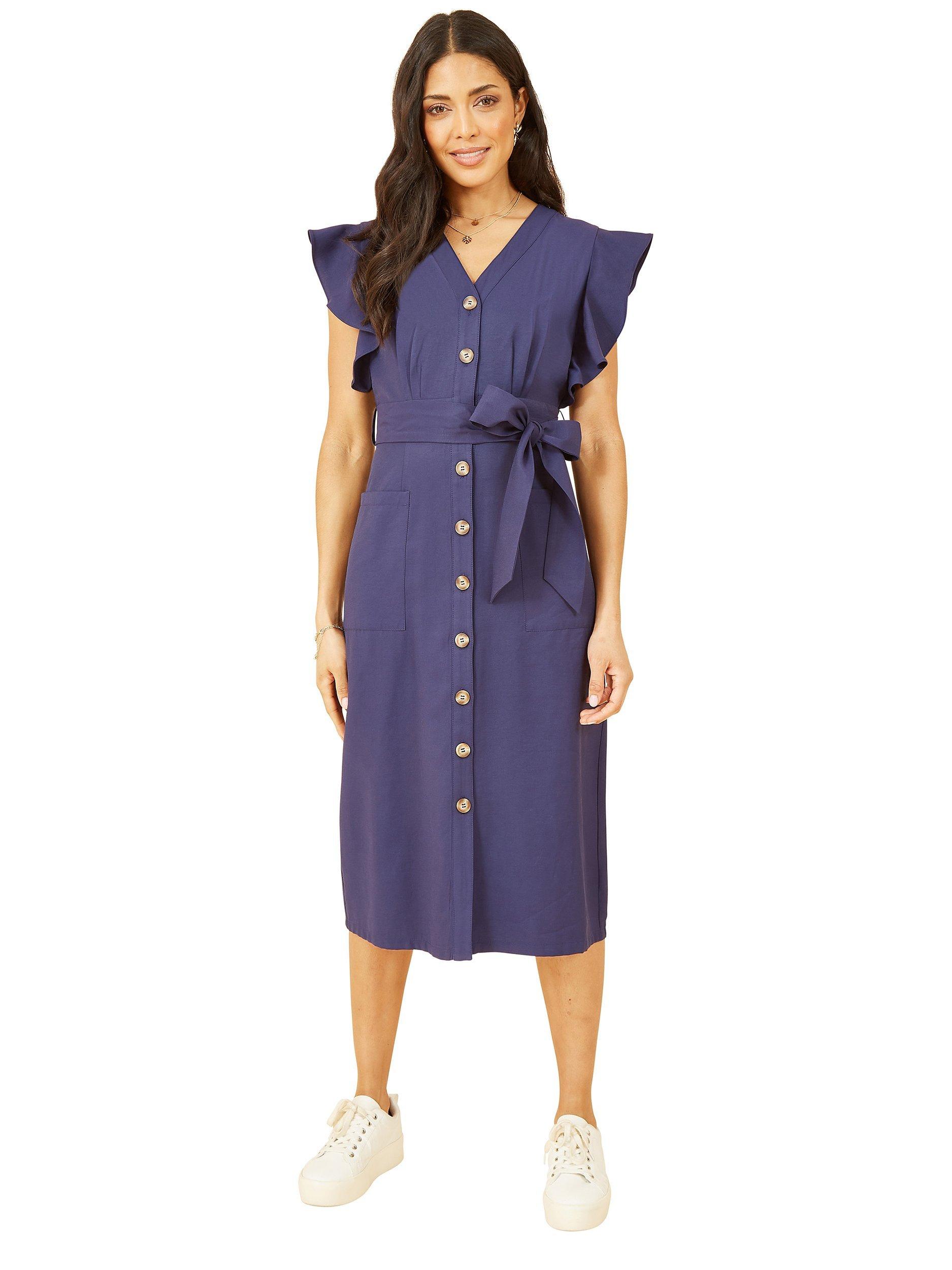 Yumi Frill Sleeve Button Shirt Dress Navy