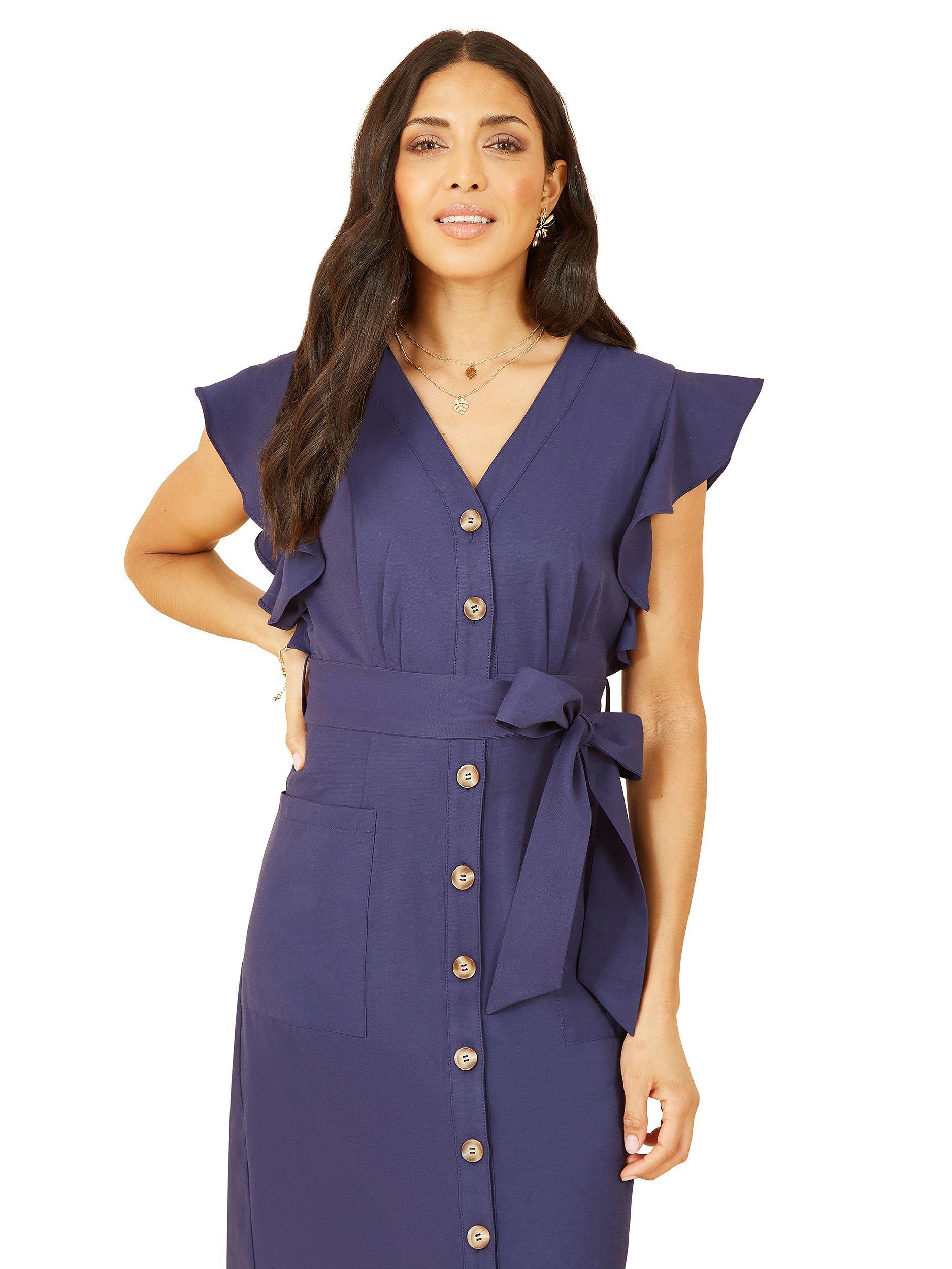 Product image 2 of 4, which shows Yumi Frill Sleeve Button Shirt Dress, Navy, 10
