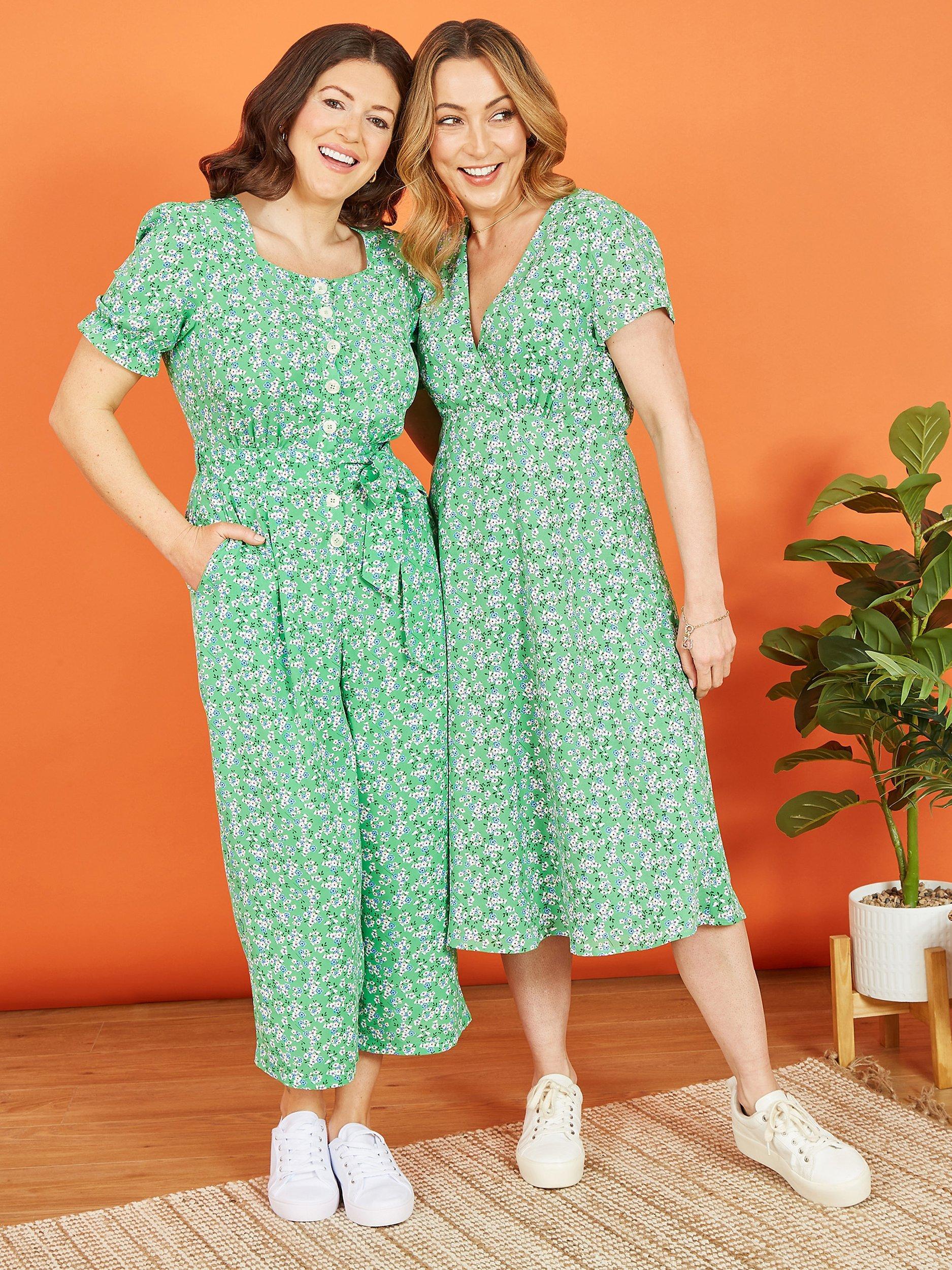 Product image 2 of 4, which shows Yumi Ditsy Print Skater Dress, Green, 12