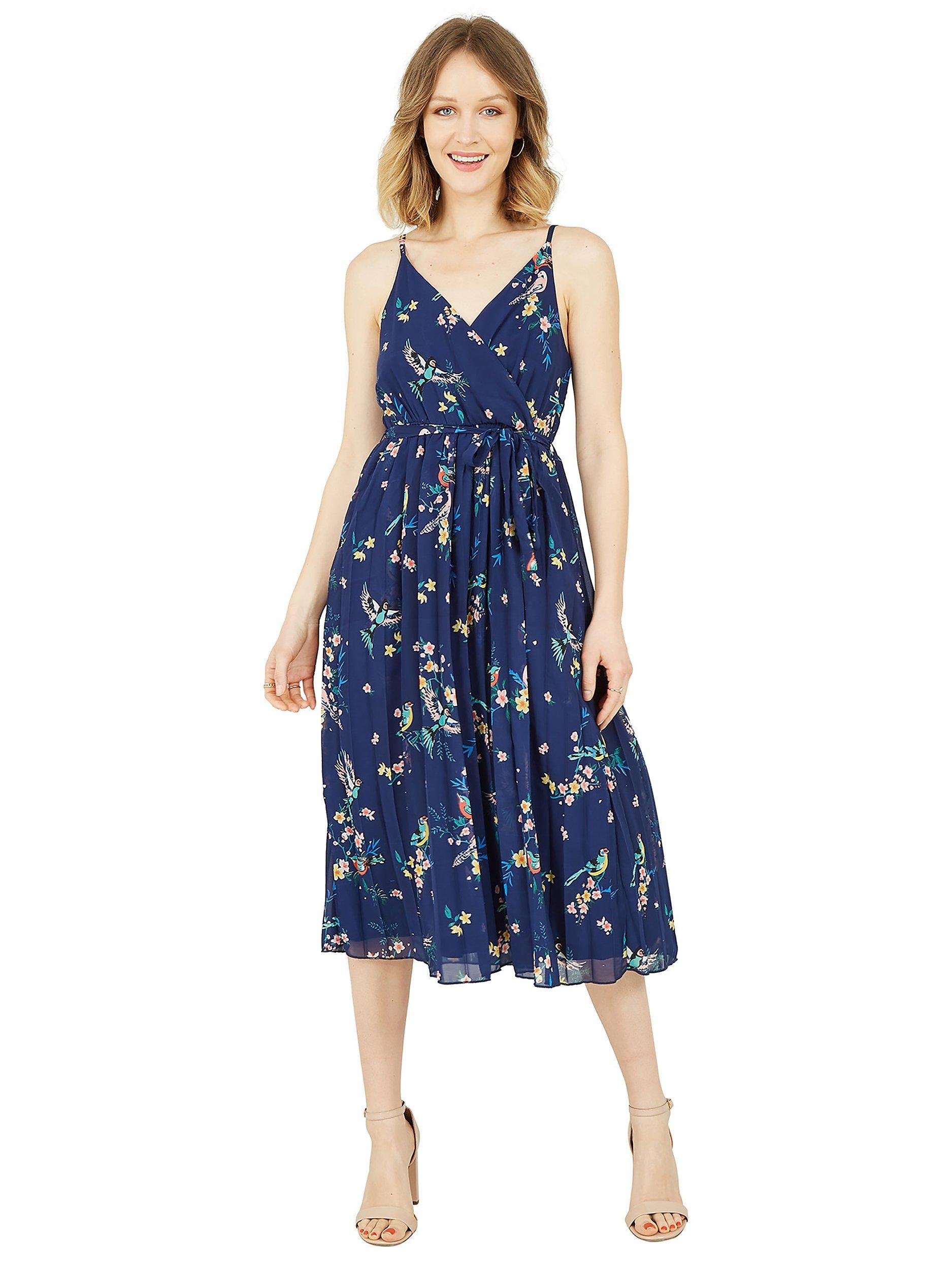 Product image 1 of 3, which shows Yumi Botanical Bird Print Midi Dress, Navy, 8