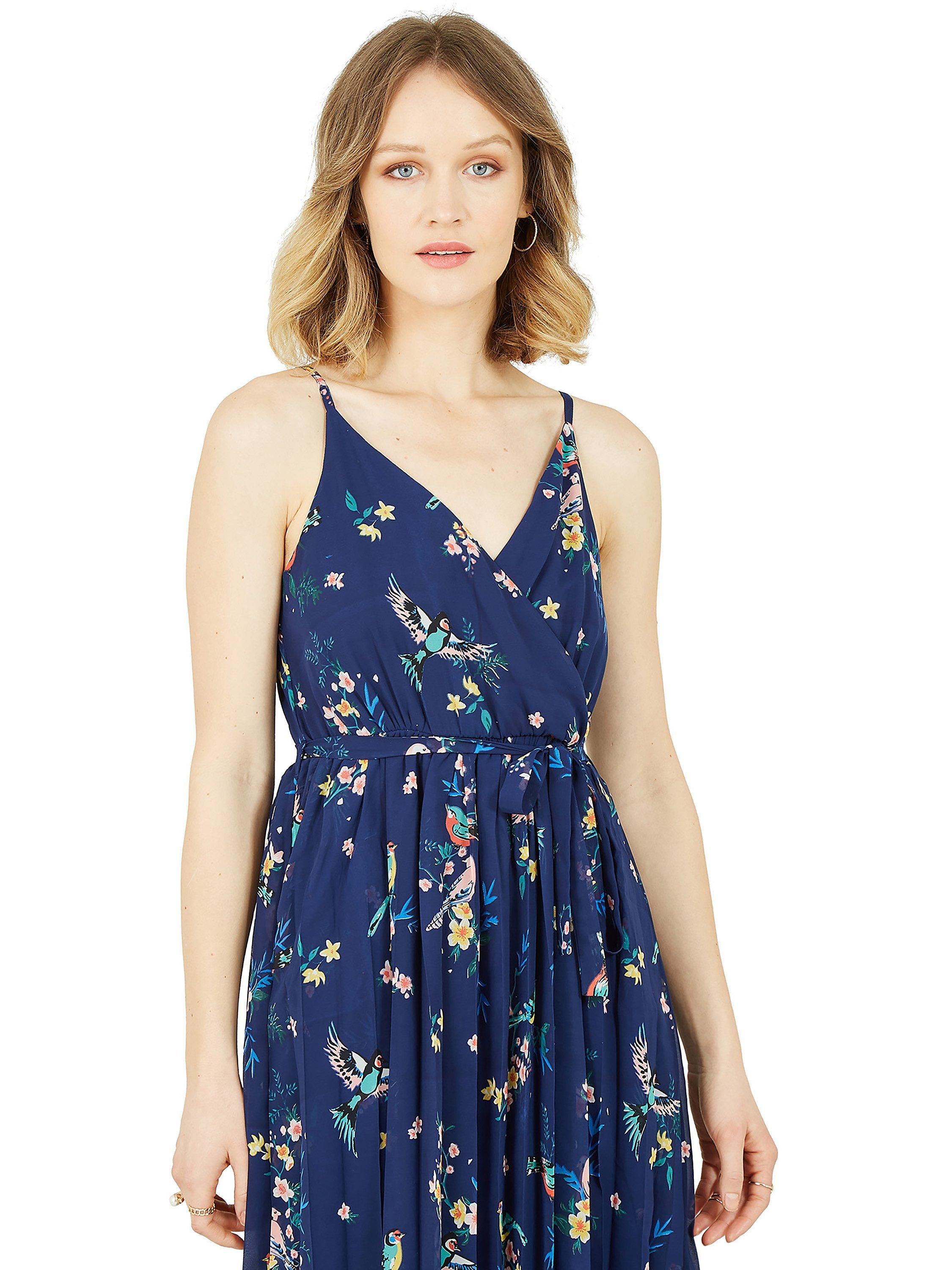 Product image 2 of 3, which shows Yumi Botanical Bird Print Midi Dress, Navy, 8