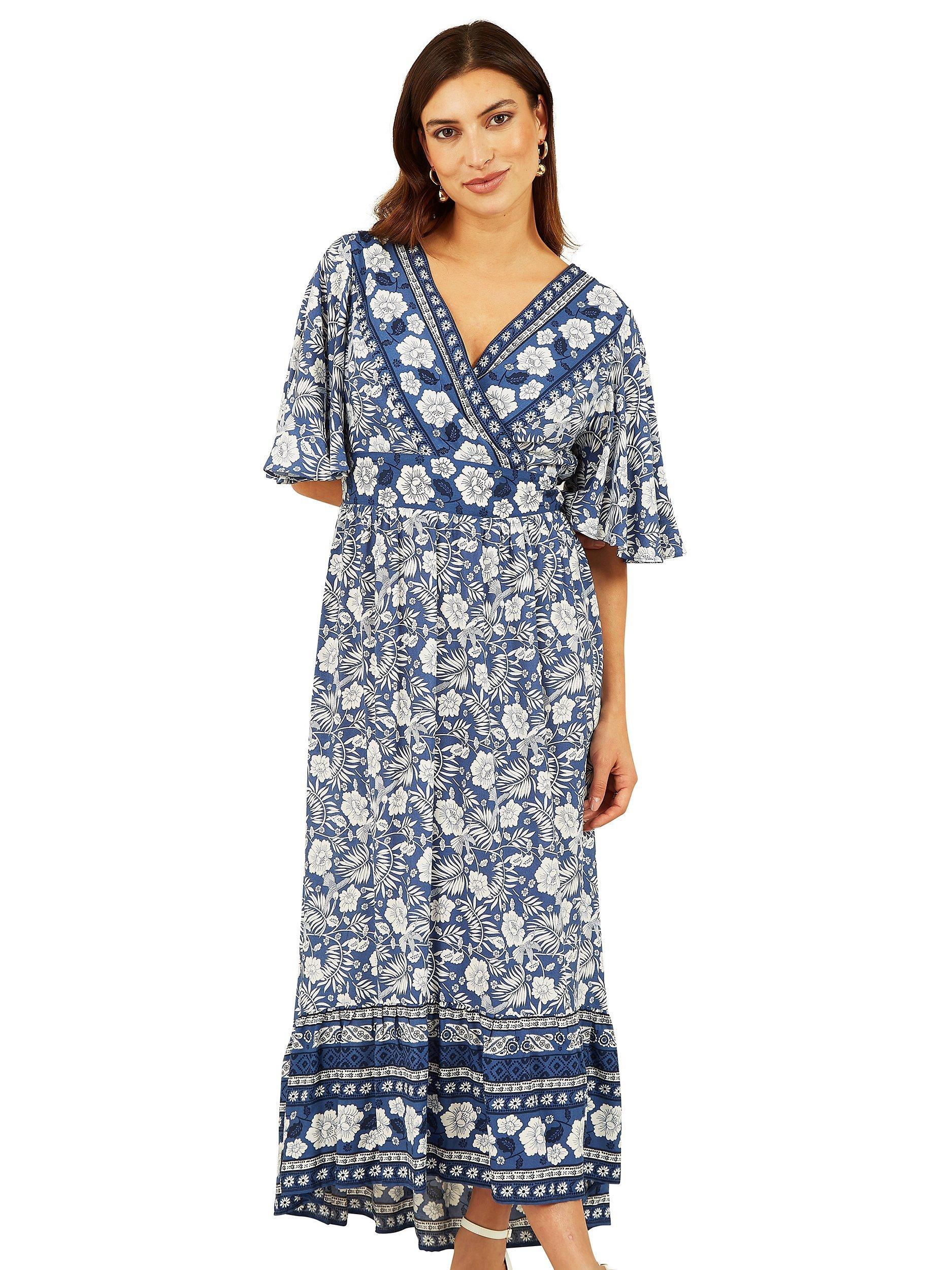 Product image 1 of 7, which shows Yumi Floral Print Wrap Neck Dress, Blue, 8