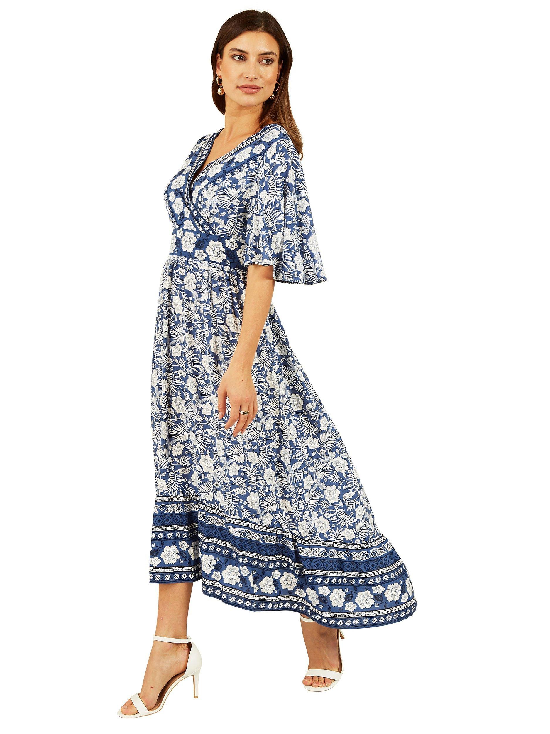 Product image 2 of 7, which shows Yumi Floral Print Wrap Neck Dress, Blue, 8