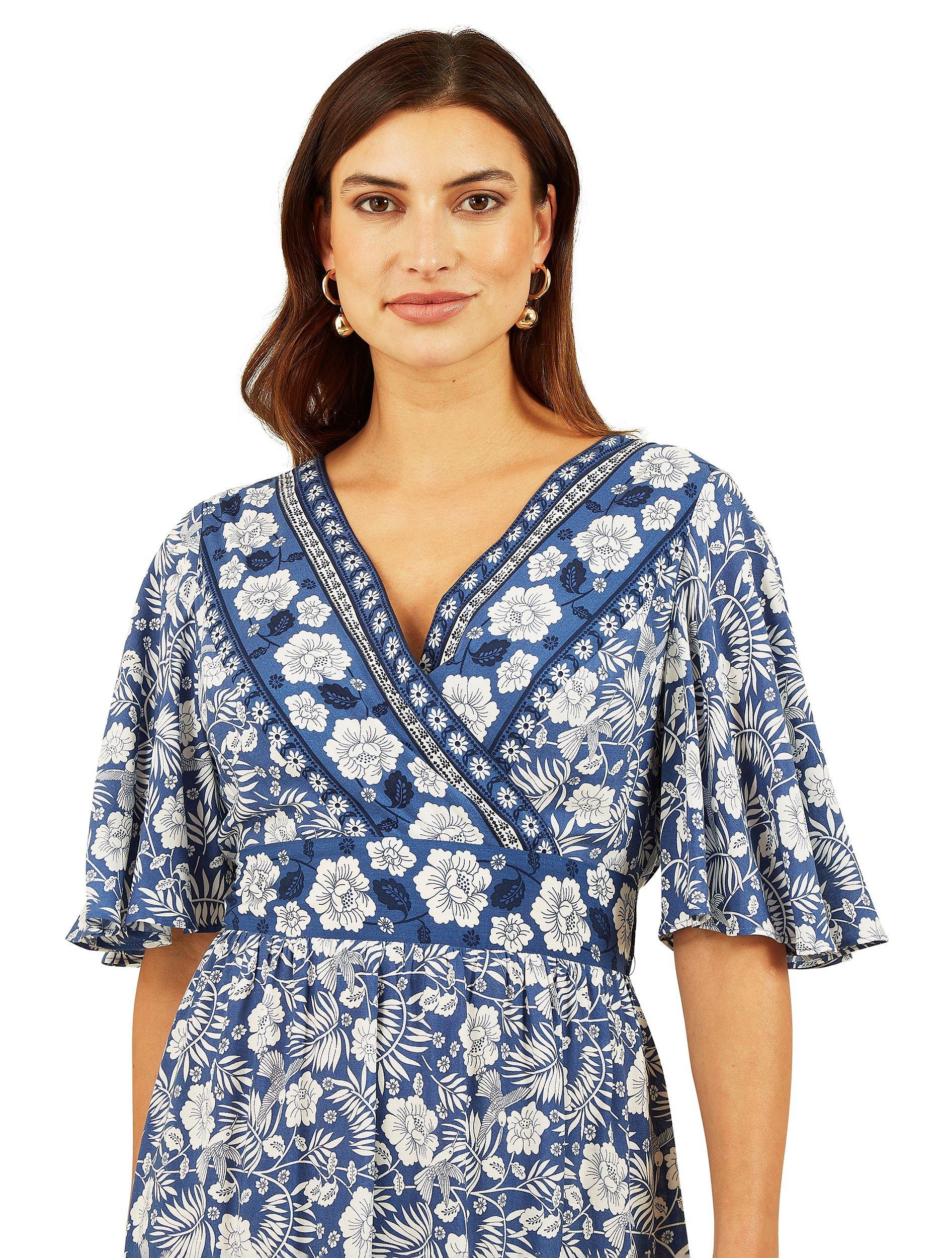 Product image 7 of 7, which shows Yumi Floral Print Wrap Neck Dress, Blue, 8