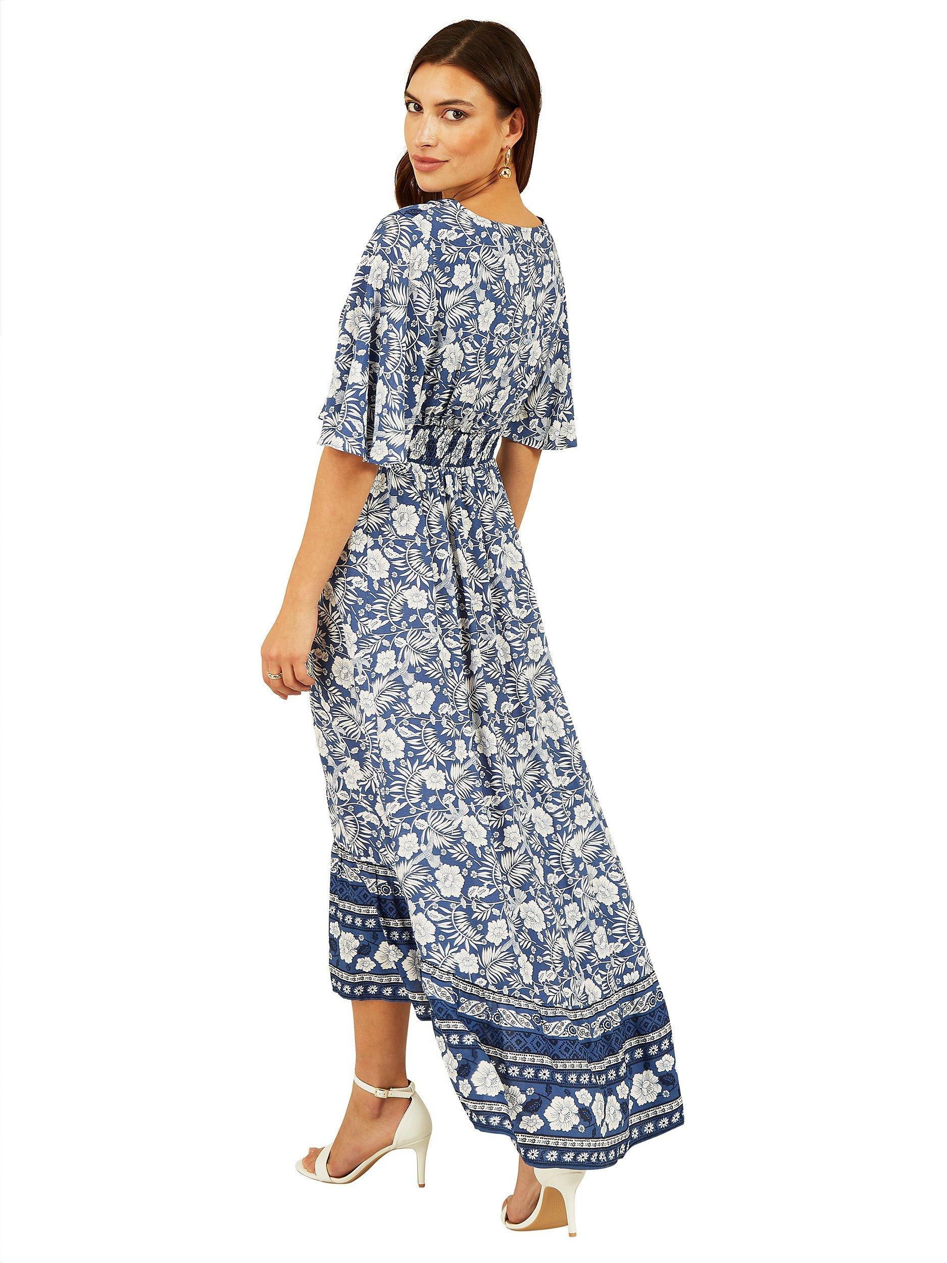 Product image 3 of 7, which shows Yumi Floral Print Wrap Neck Dress, Blue, 8