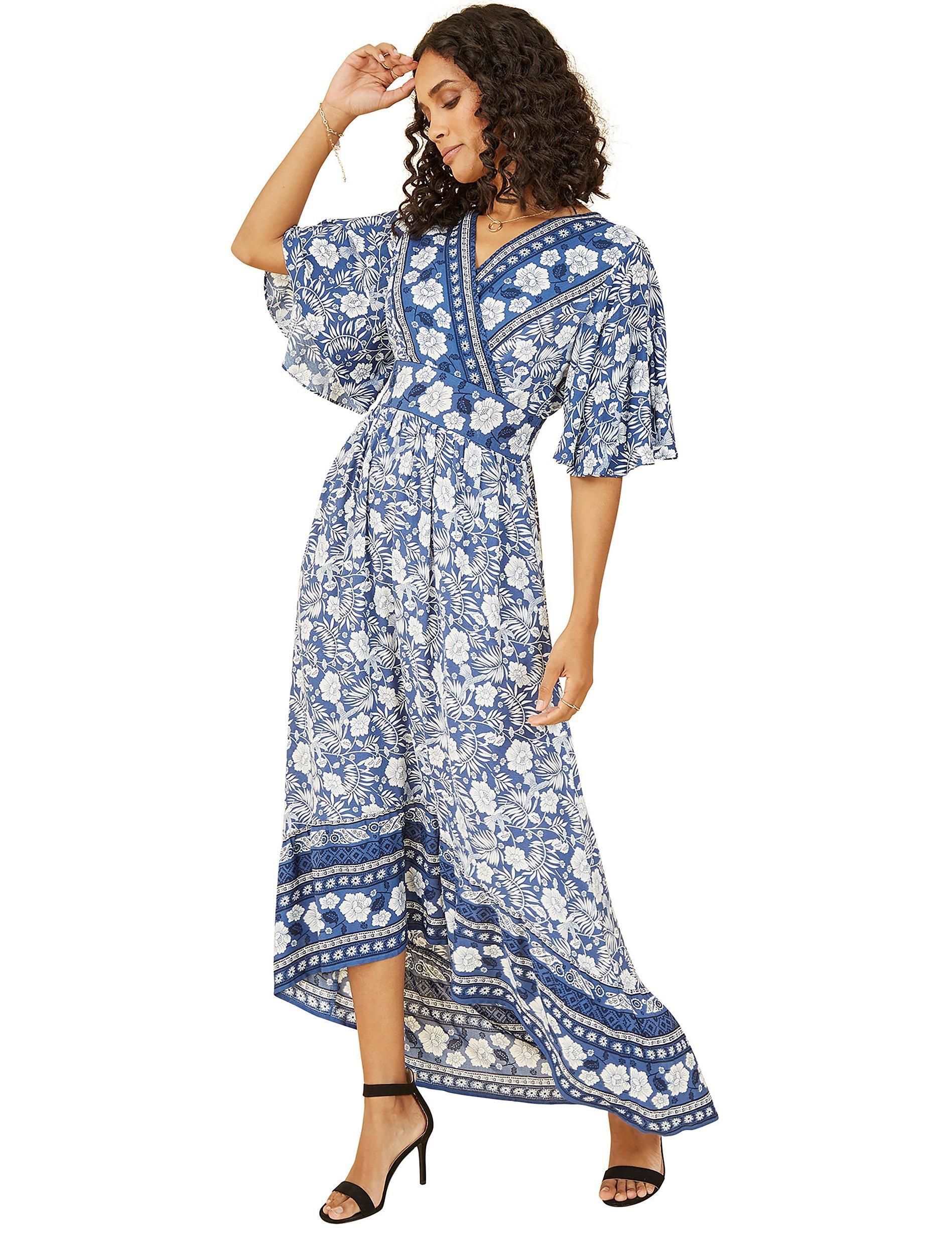 Product image 5 of 7, which shows Yumi Floral Print Wrap Neck Dress, Blue, 8