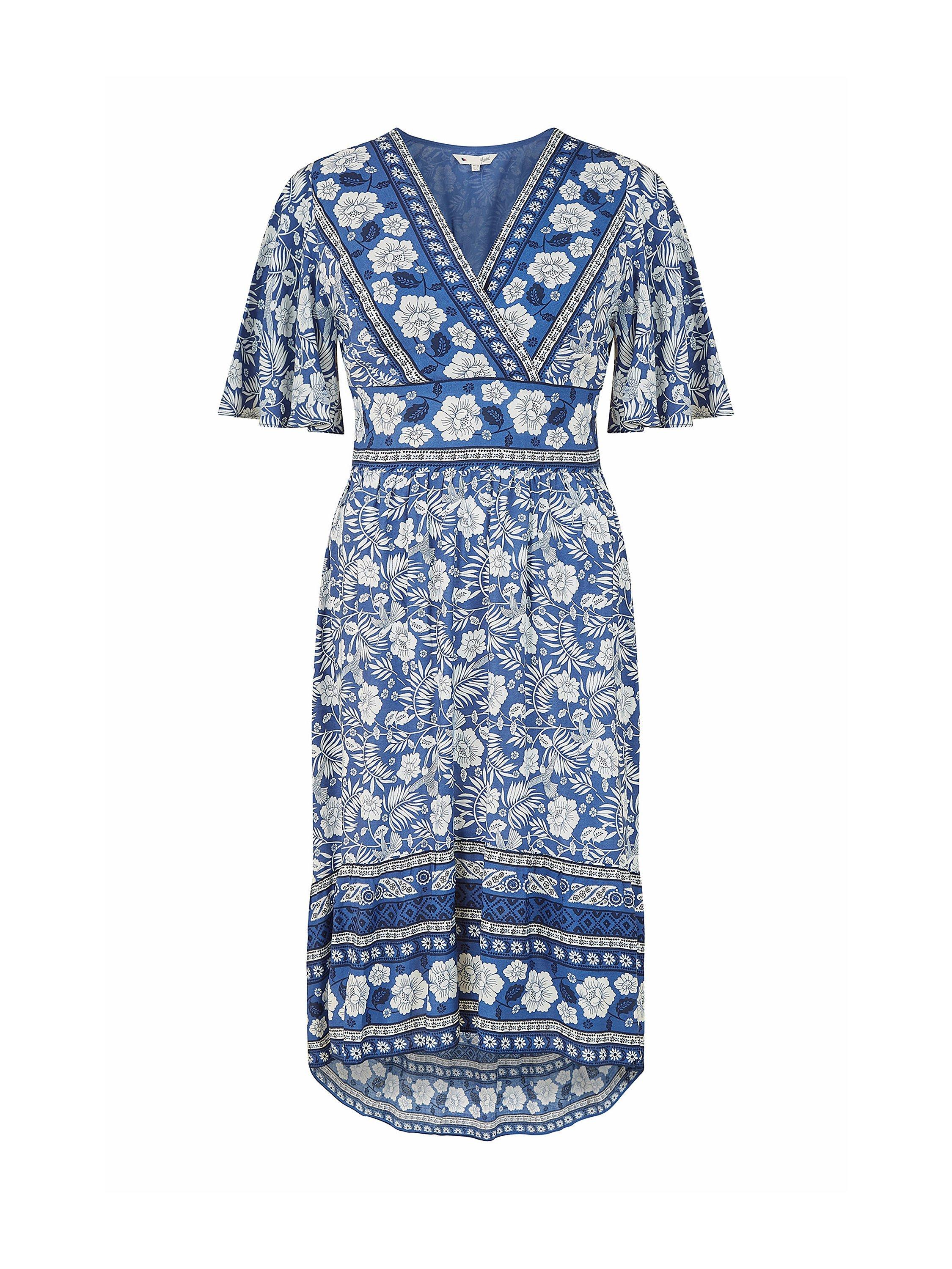 Product image 6 of 7, which shows Yumi Floral Print Wrap Neck Dress, Blue, 8