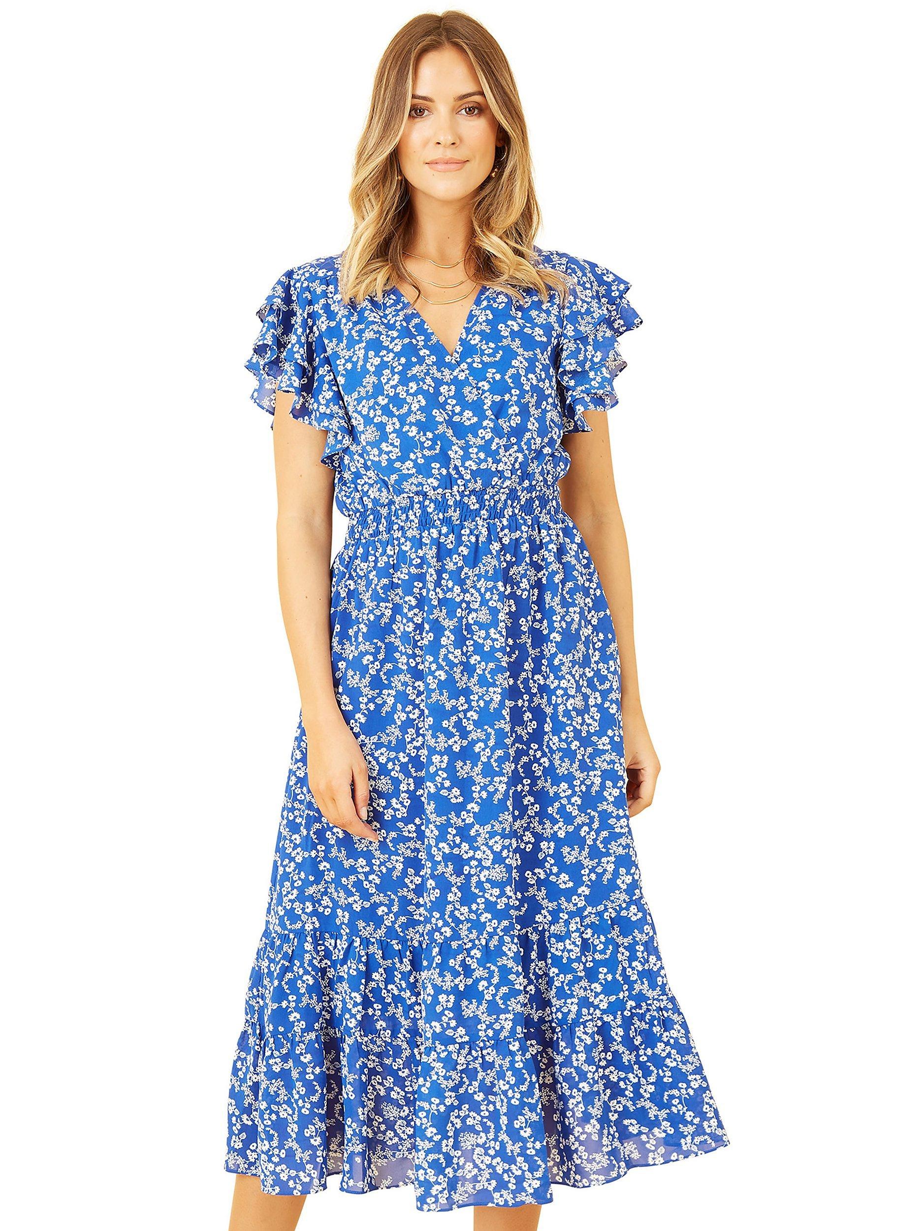 Product image 3 of 4, which shows Yumi Ditsy Floral Frilly Sleeve Midi Dress, Blue, 8