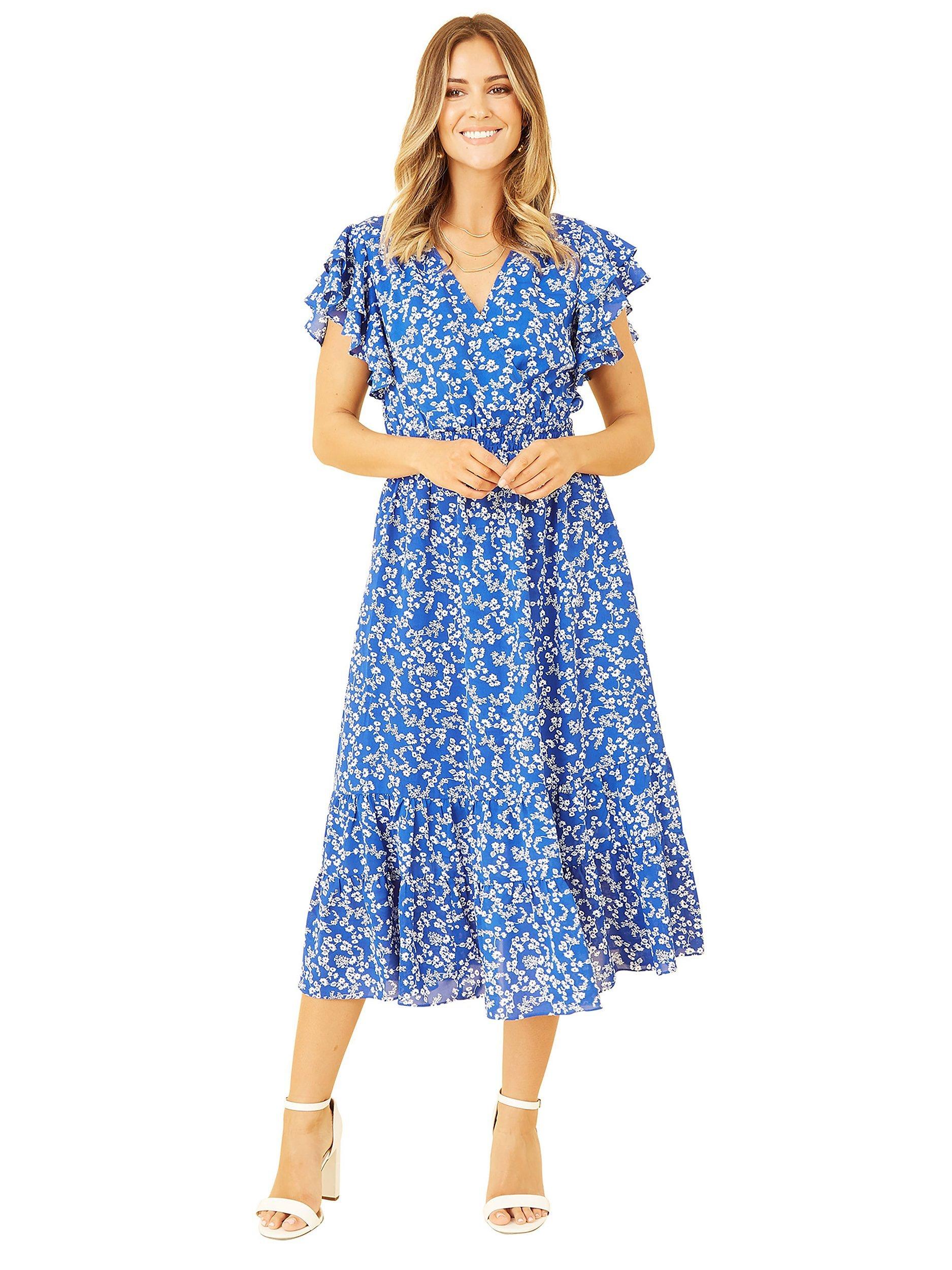Product image 4 of 4, which shows Yumi Ditsy Floral Frilly Sleeve Midi Dress, Blue, 8