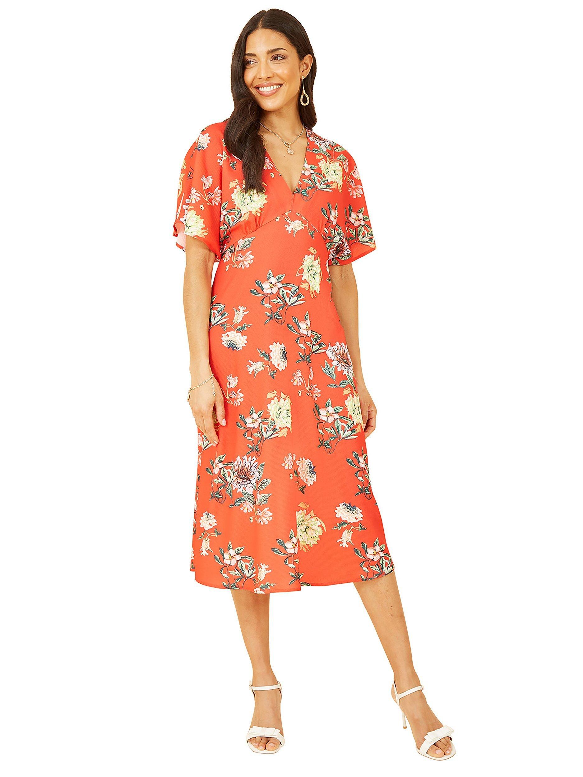 Yumi Kimono Sleeve Floral Print Midi Dress Red