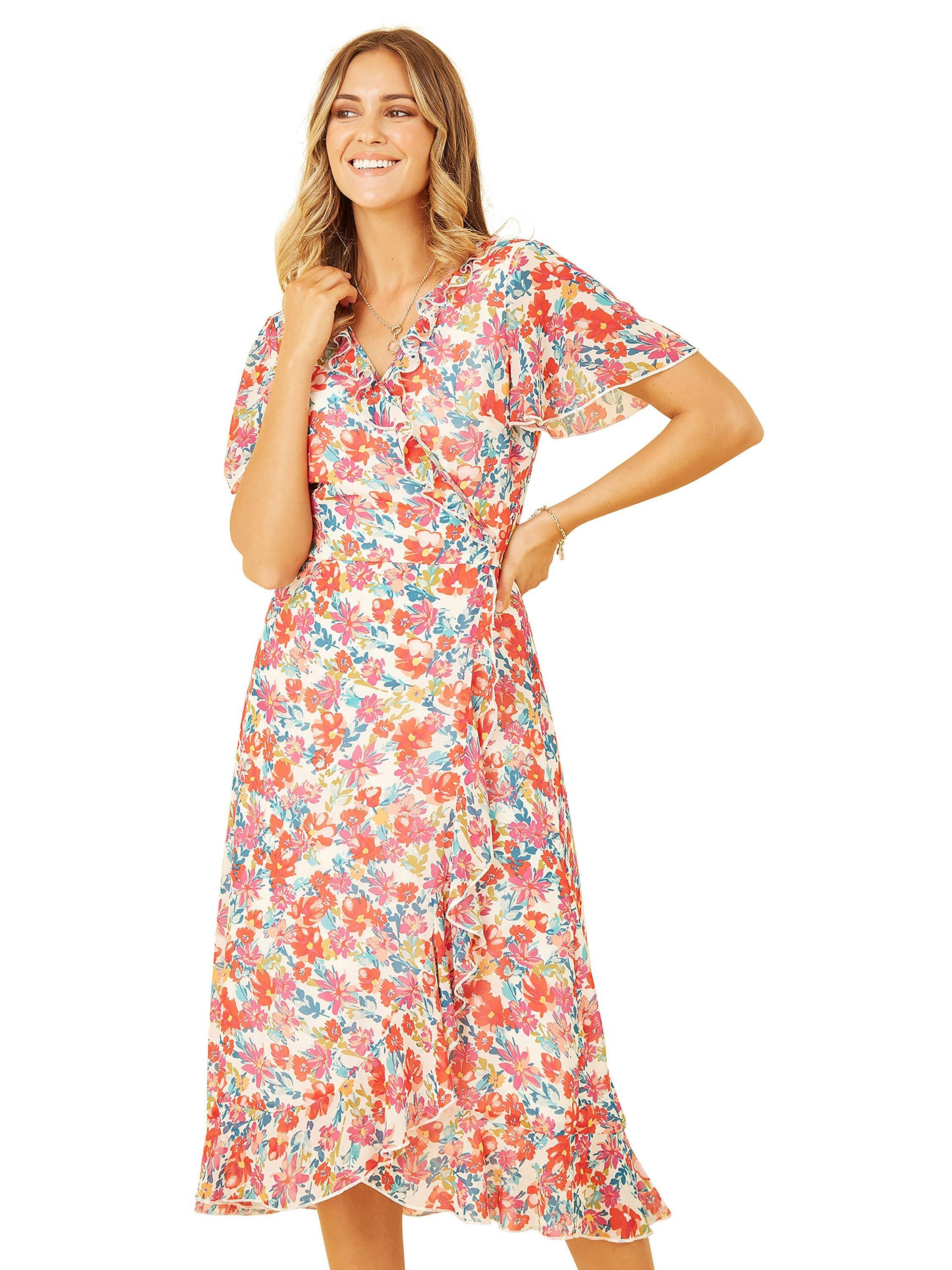 Product image 4 of 5, which shows Yumi Floral Wrap Midi Dress, Multi, 8