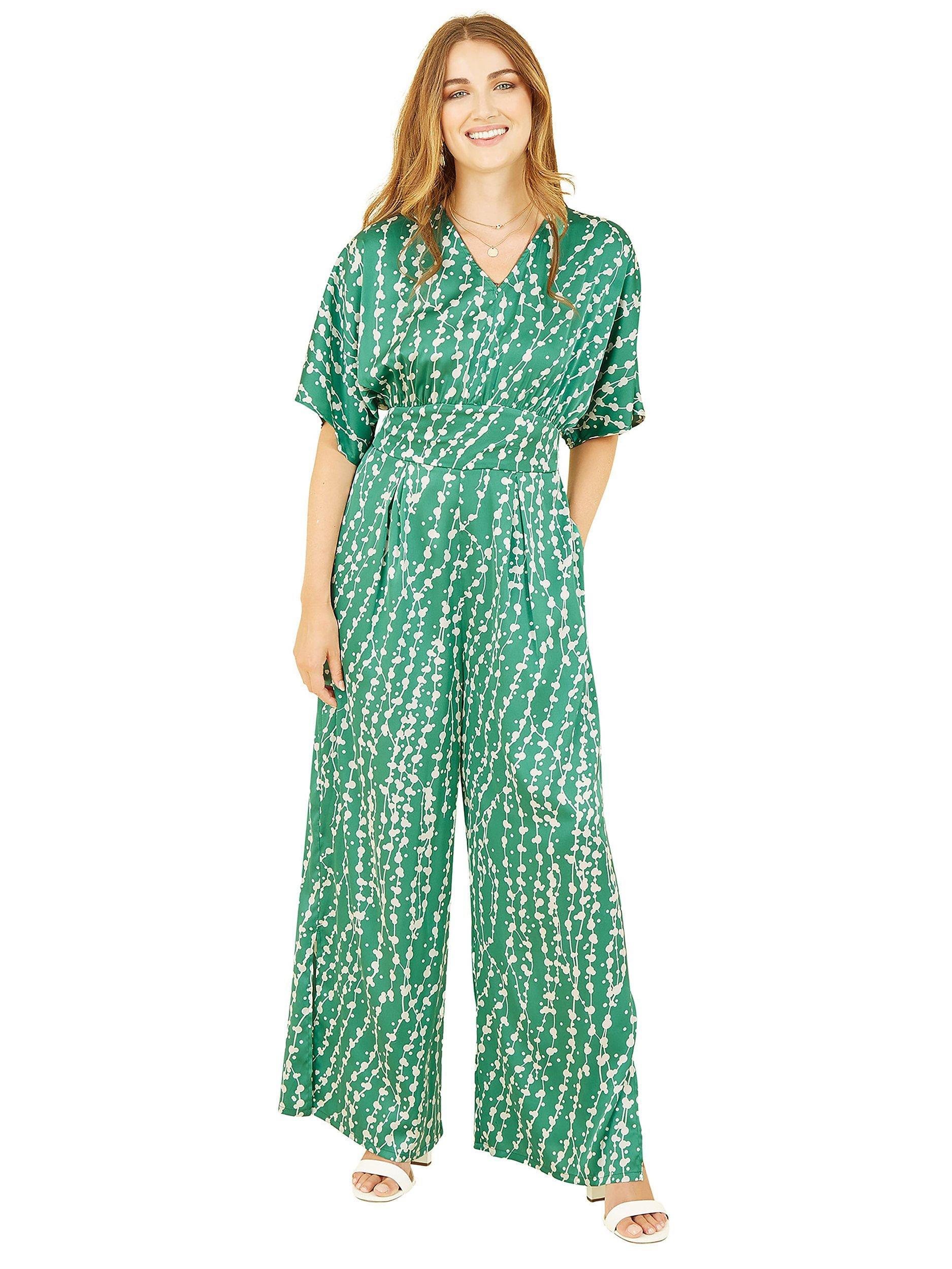 Product image 3 of 6, which shows Yumi Abstract Print Satin Jumpsuit, Green, 12