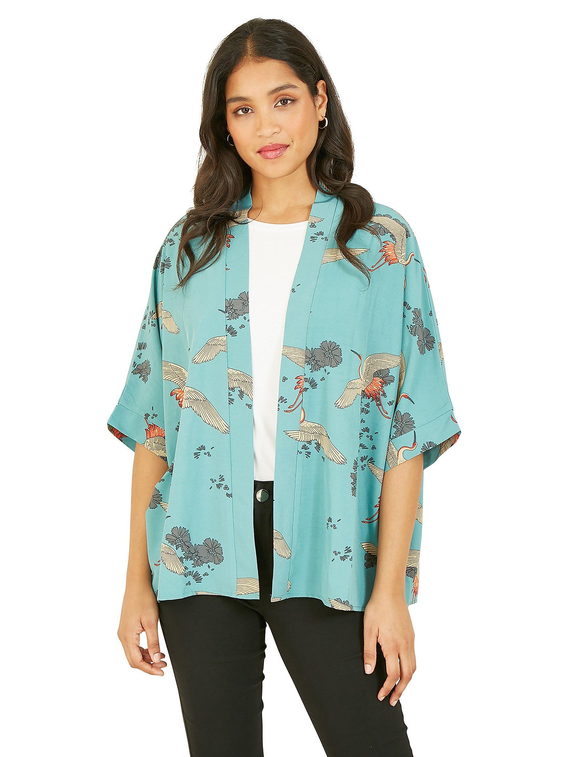 Product image 1 of 5, which shows Yumi Crane Print Kimono, Green, 8