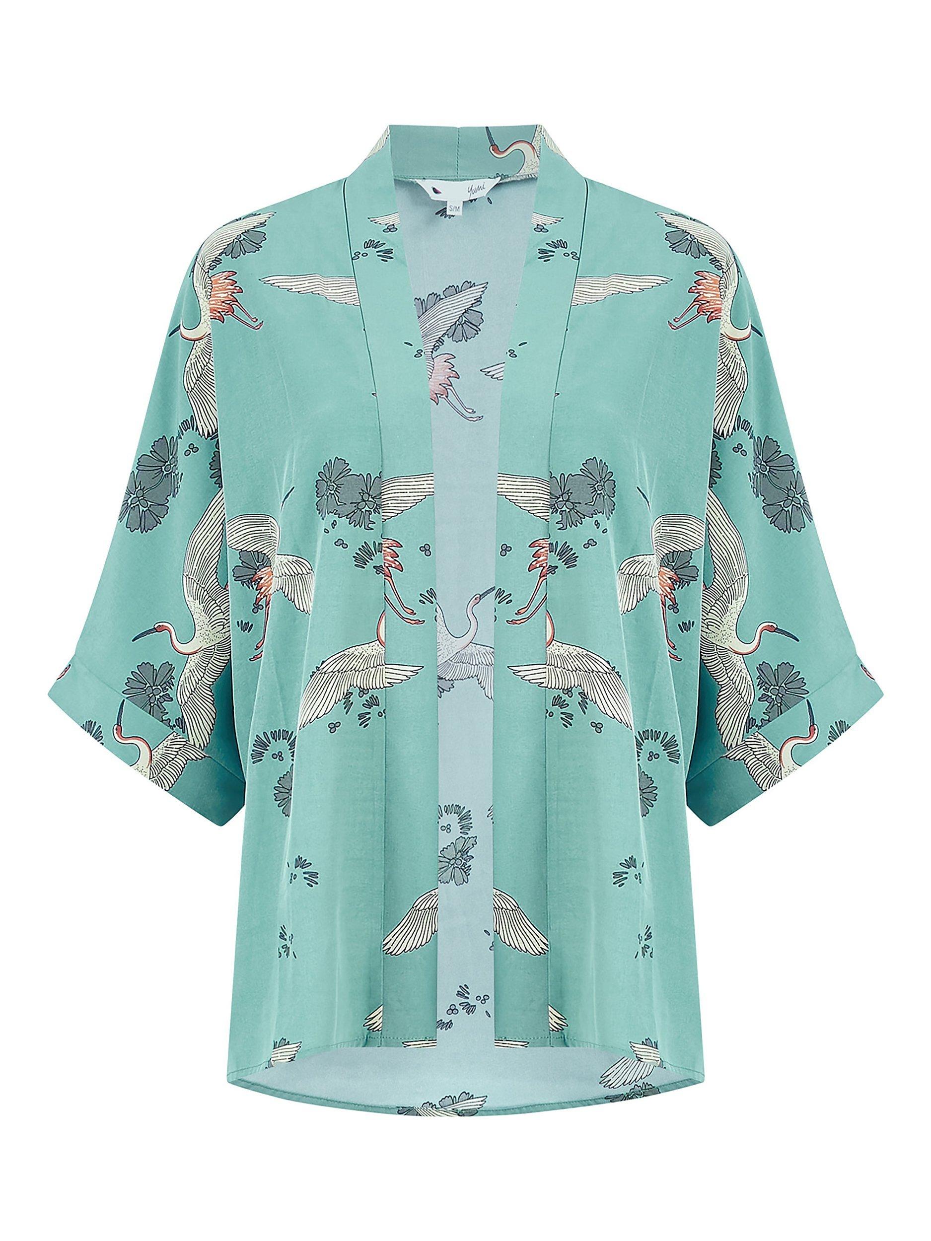 Product image 5 of 5, which shows Yumi Crane Print Kimono, Green, 8