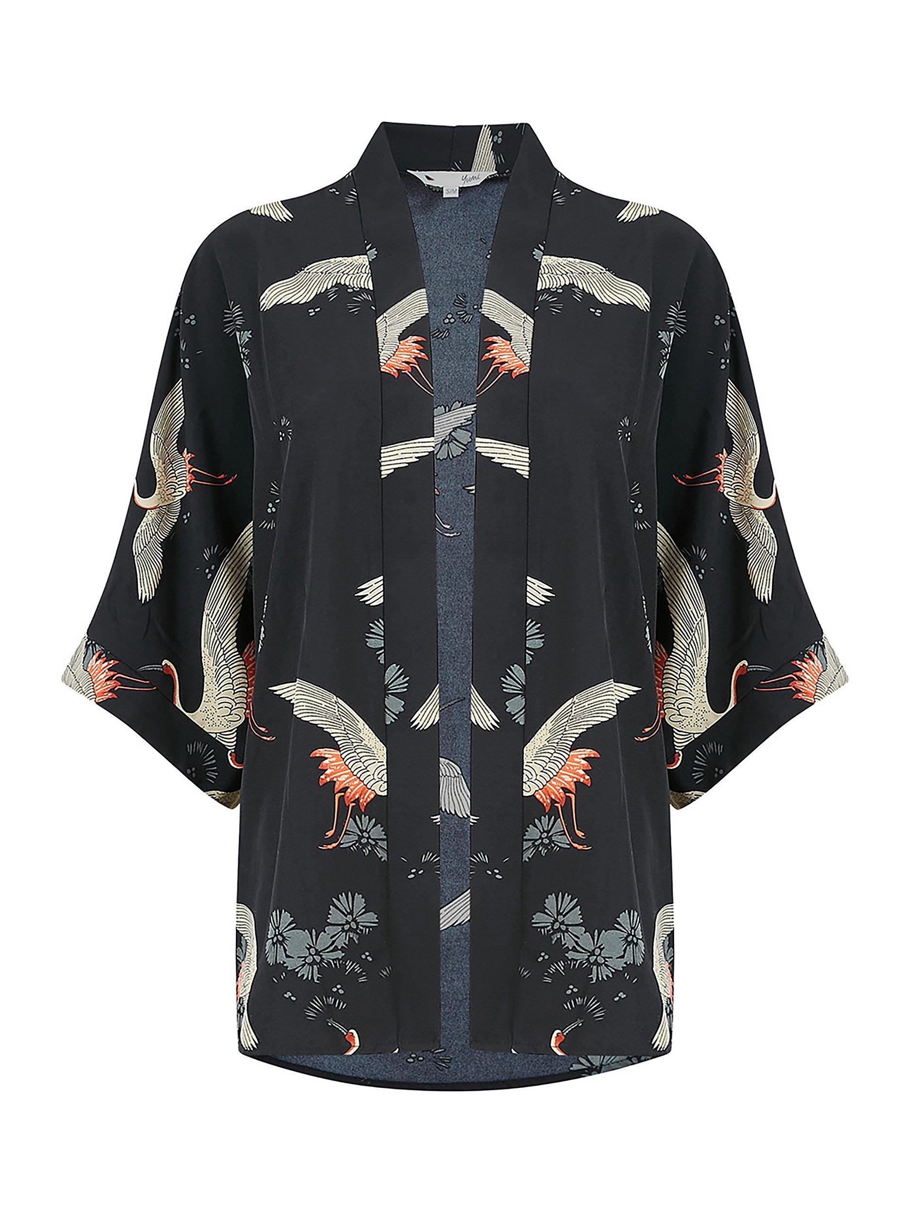Product image 2 of 2, which shows Yumi Curve Crane Print Kimono, Black, 18