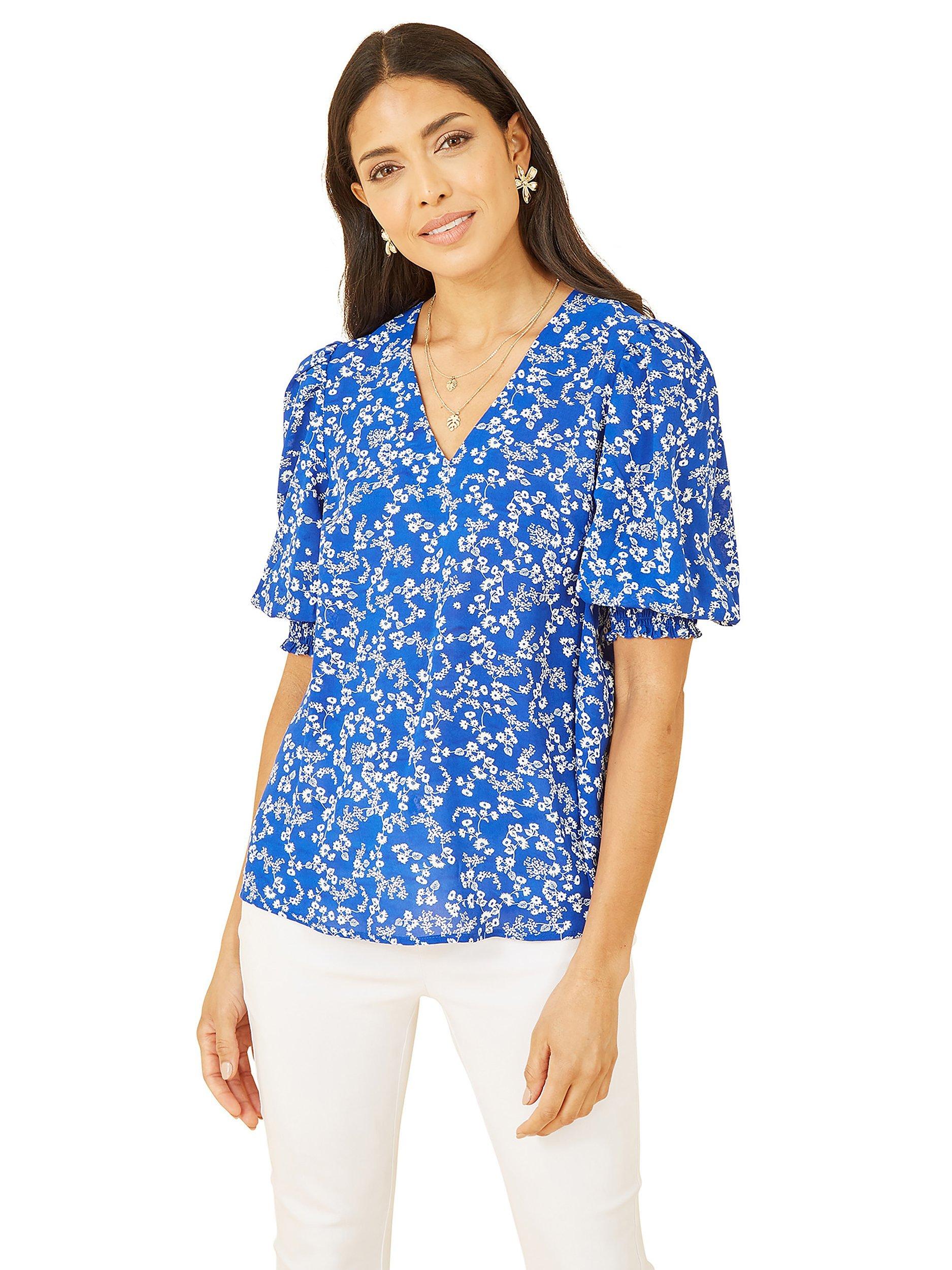 Yumi Ditsy Print Puff Sleeve Top, Blue