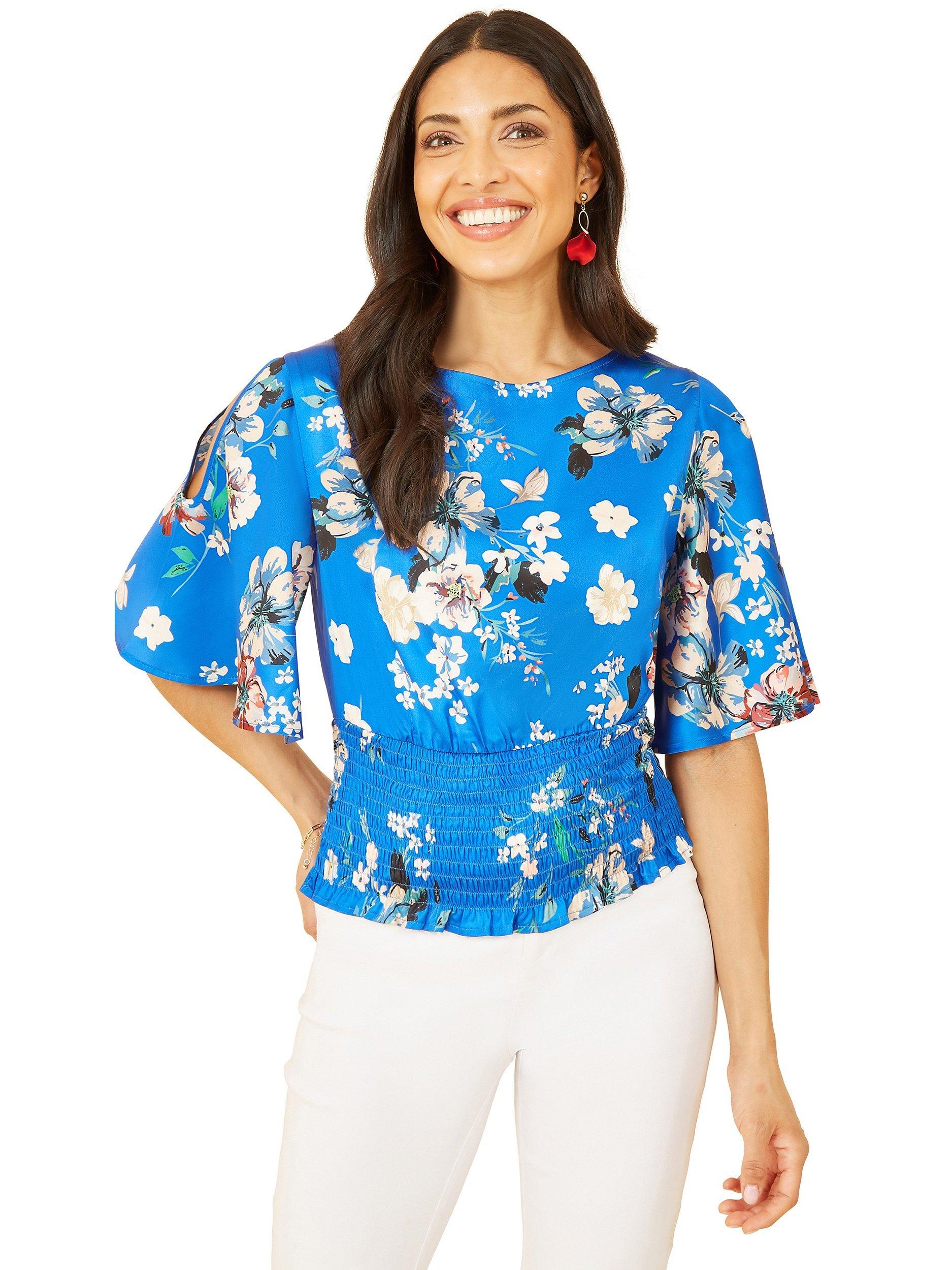 Product image 1 of 5, which shows Yumi Floral Angel Sleeve Satin Top, Blue, 8