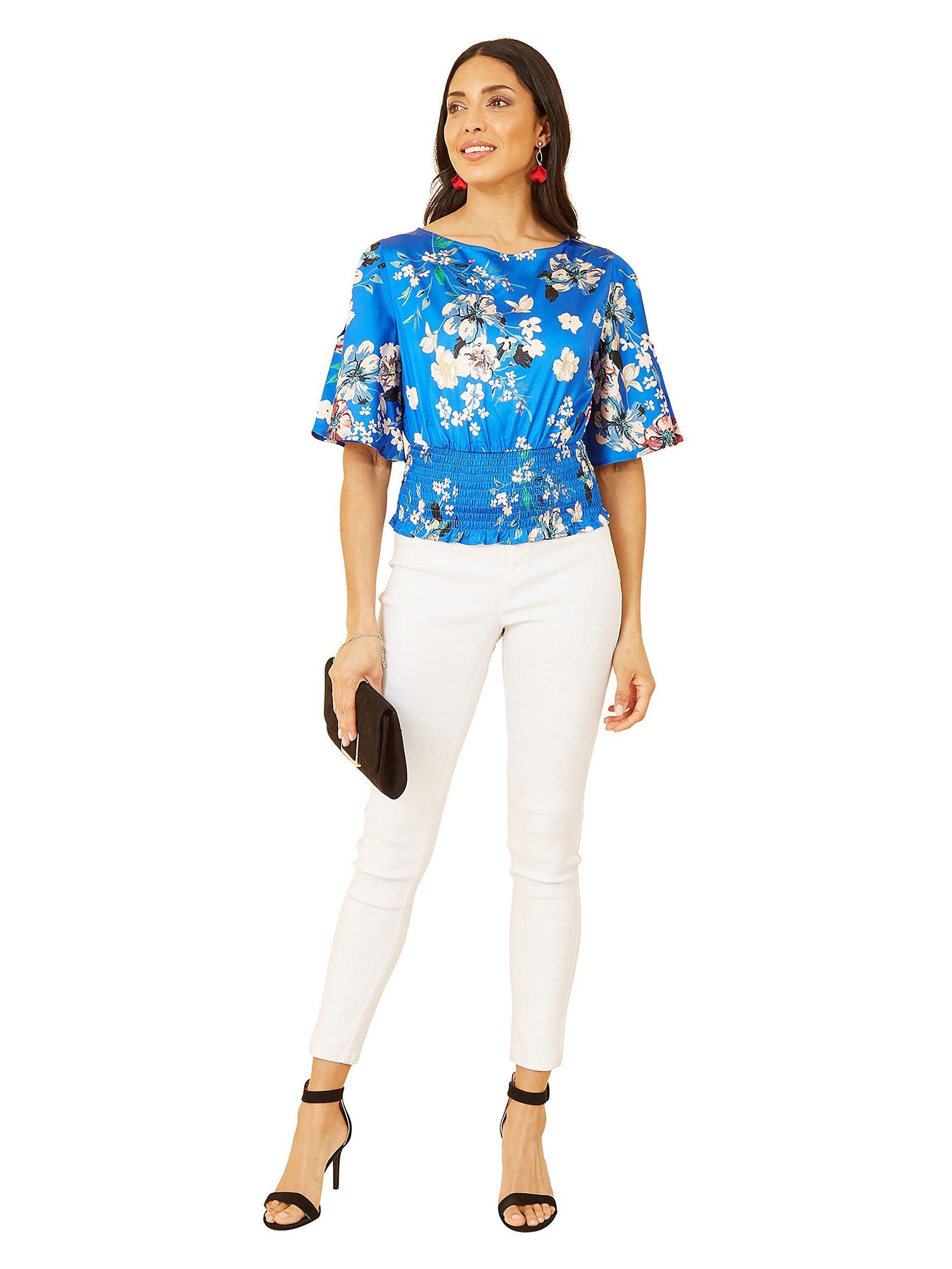 Product image 2 of 5, which shows Yumi Floral Angel Sleeve Satin Top, Blue, 8