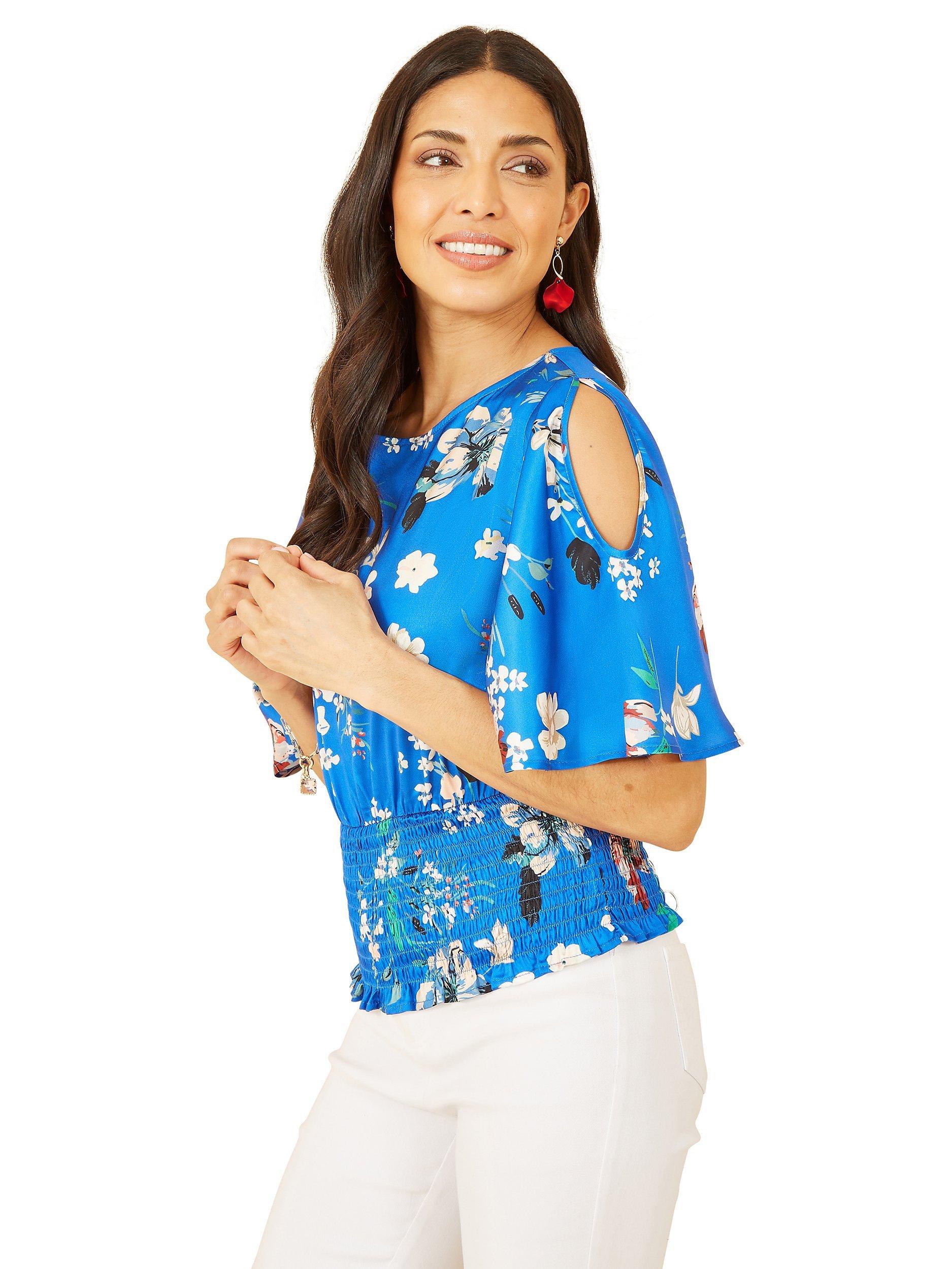 Product image 3 of 5, which shows Yumi Floral Angel Sleeve Satin Top, Blue, 8