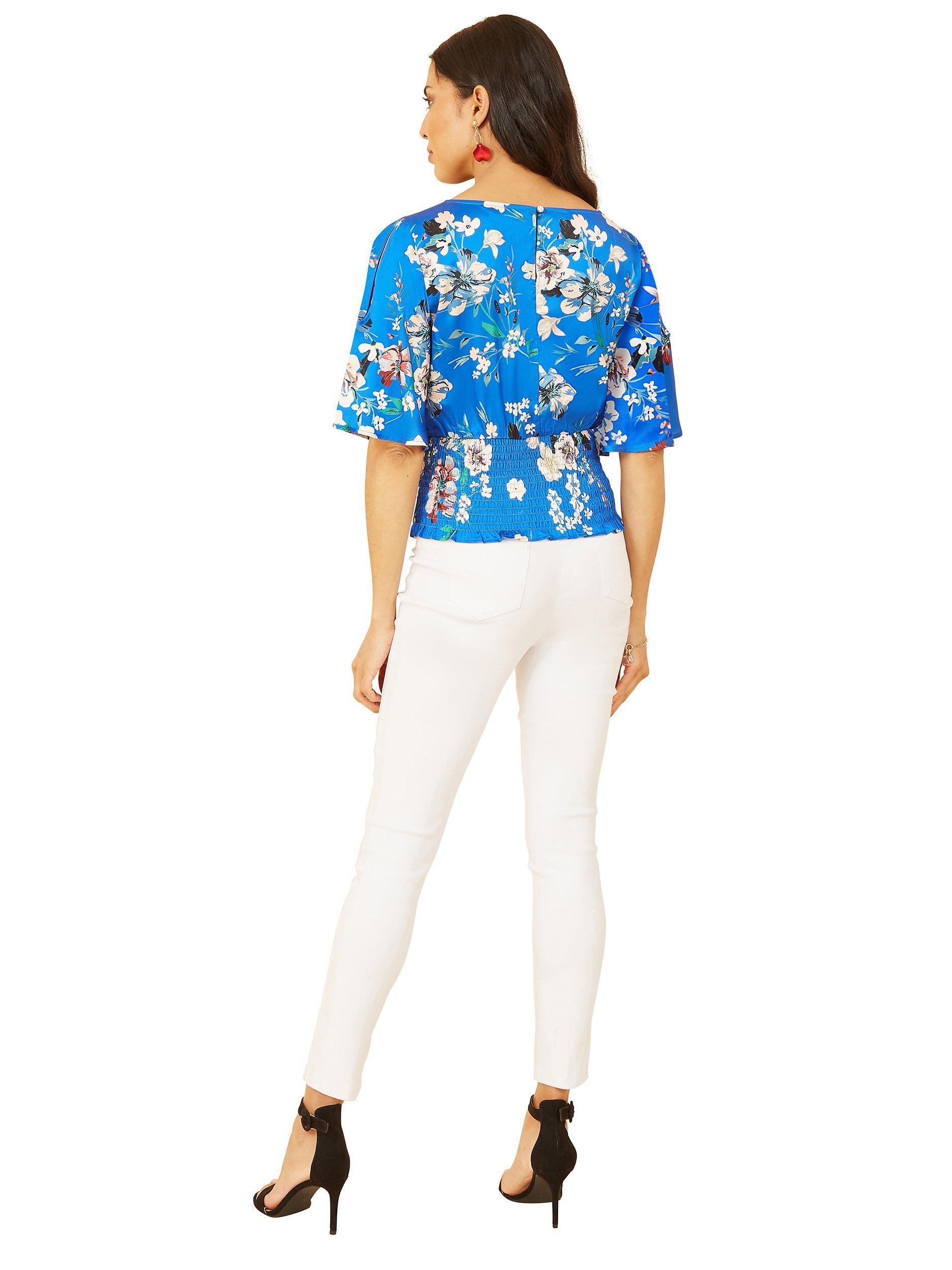 Product image 4 of 5, which shows Yumi Floral Angel Sleeve Satin Top, Blue, 8
