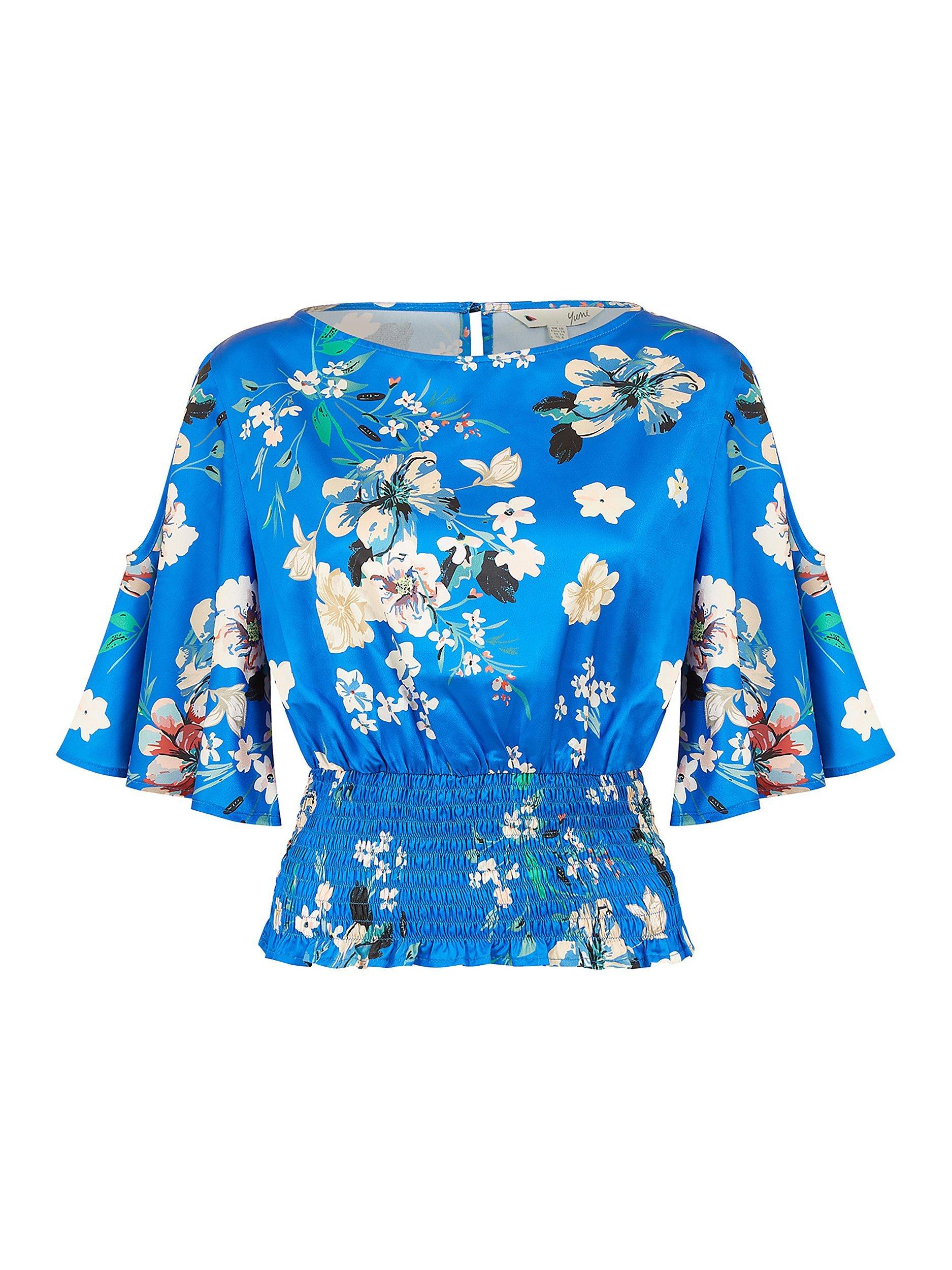 Product image 5 of 5, which shows Yumi Floral Angel Sleeve Satin Top, Blue, 8