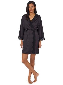 Lauren Ralph Lauren Lace Detail Signature Satin Kimono Robe, Black