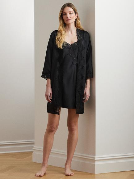 Lauren Ralph Lauren Lace Detail Signature Satin Kimono Robe, Black