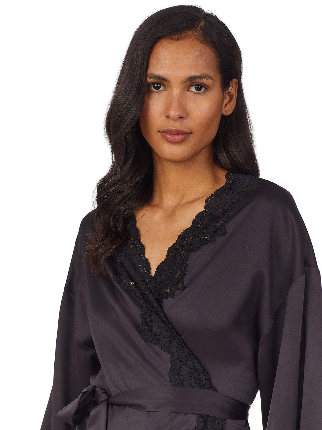 Product image 2 of 4, which shows Lauren Ralph Lauren Lace Detail Signature Satin Kimono Robe, Black, XS