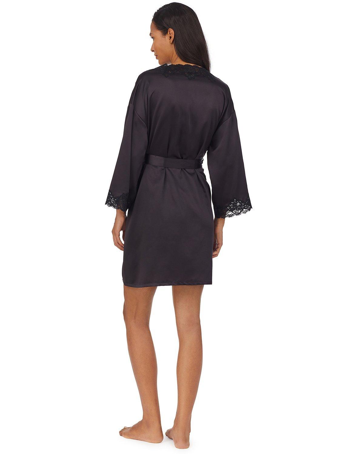 Product image 3 of 4, which shows Lauren Ralph Lauren Lace Detail Signature Satin Kimono Robe, Black, XS