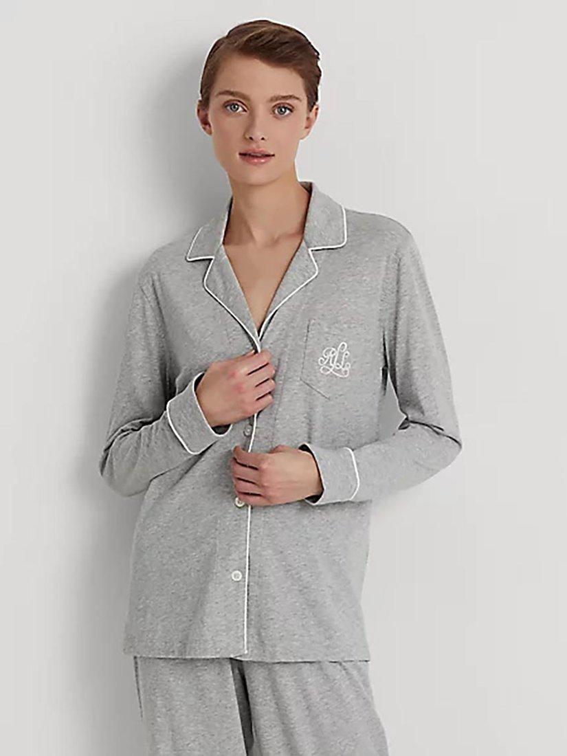 Product image 2 of 4, which shows Lauren Ralph Lauren Notch Collar Long Sleeve Pyjamas, Grey, XS