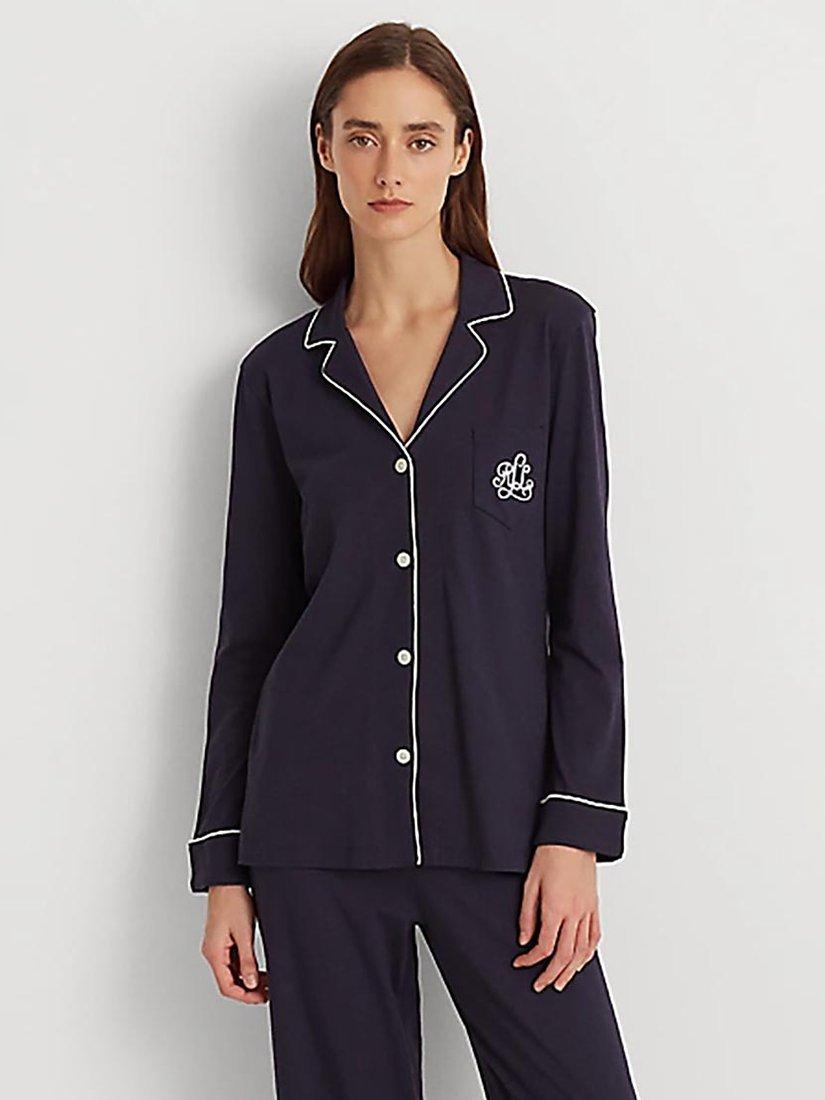 Product image 2 of 4, which shows Lauren Ralph Lauren Notch Collar Long Sleeve Pyjamas, Navy, S